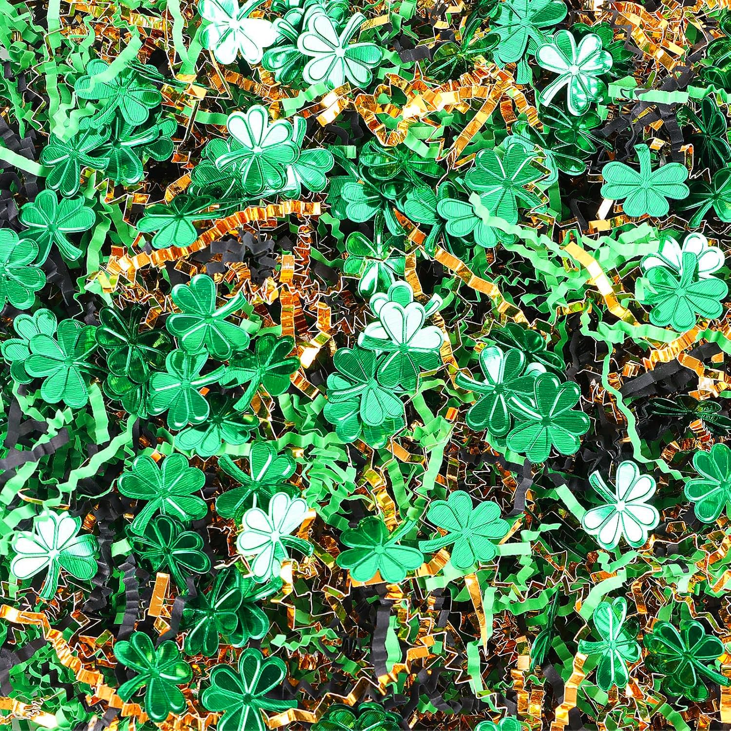 FOIMAS St Patrick's Day Crinkle Cut Paper Shreds,Metallic Gold Green Black Raffia Paper Shreds With Shamrock Clover Confetti for St Patrick'S Day Gift