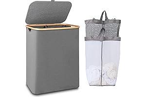 Grey 150L Spacious Laundry Hamper with Bamboo Handles and Removable Inner Bags