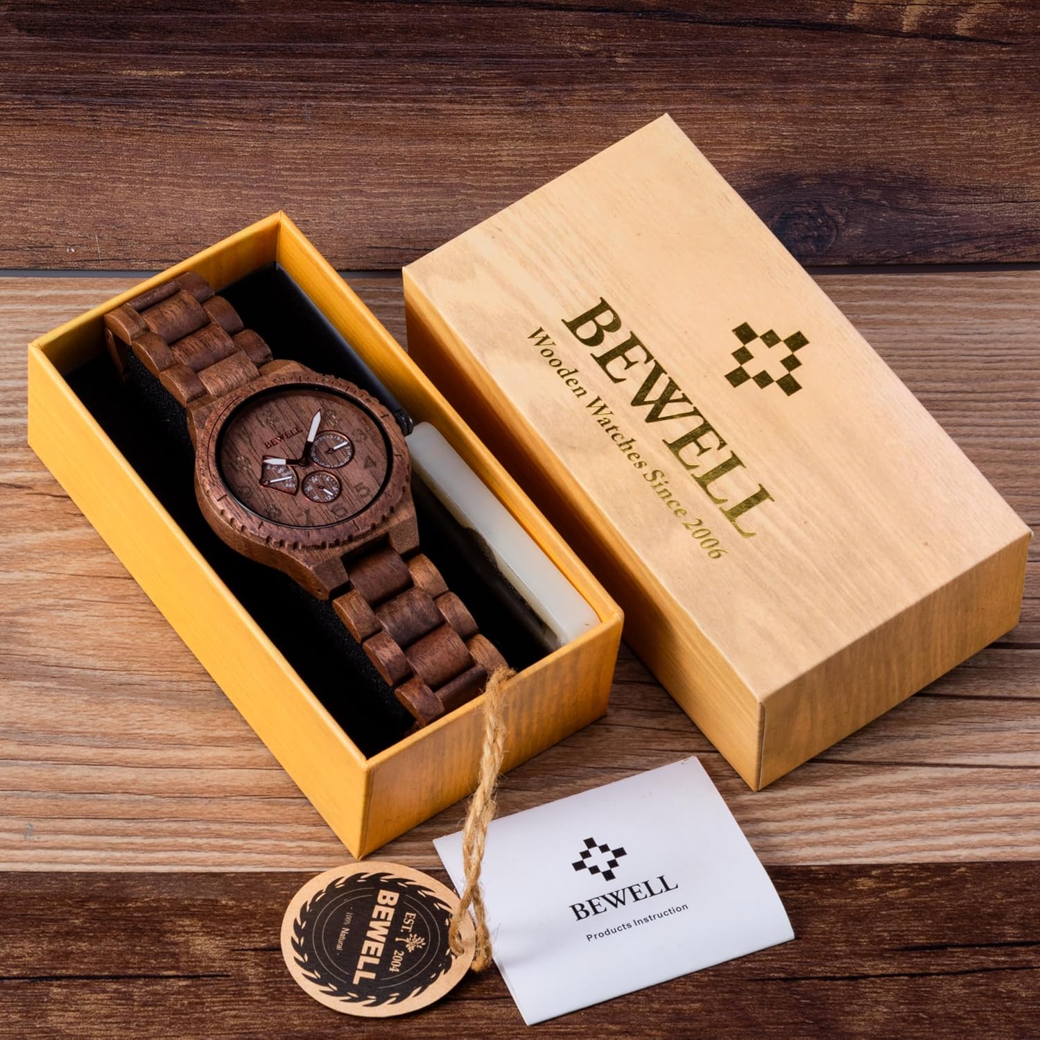 BEWELL Wood Watches for Men Analog Quartz Date Retro Handcraft Lightweight Wooden Wristwatch W154A