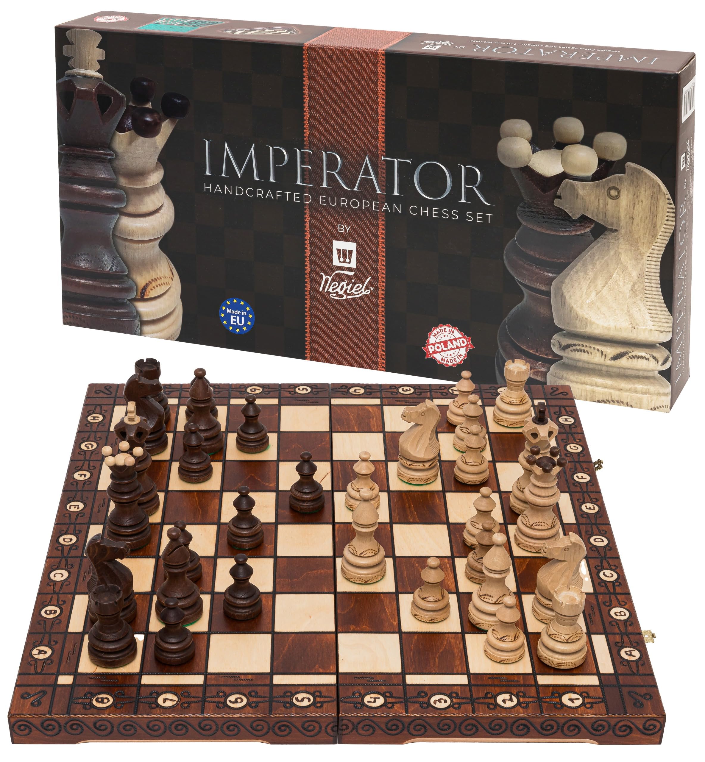 Scacchi in legno IMPERATOR - 52 x 52 cm - Confezione regalo - Scacchiera e Pezzi degli scacchi Intagliati