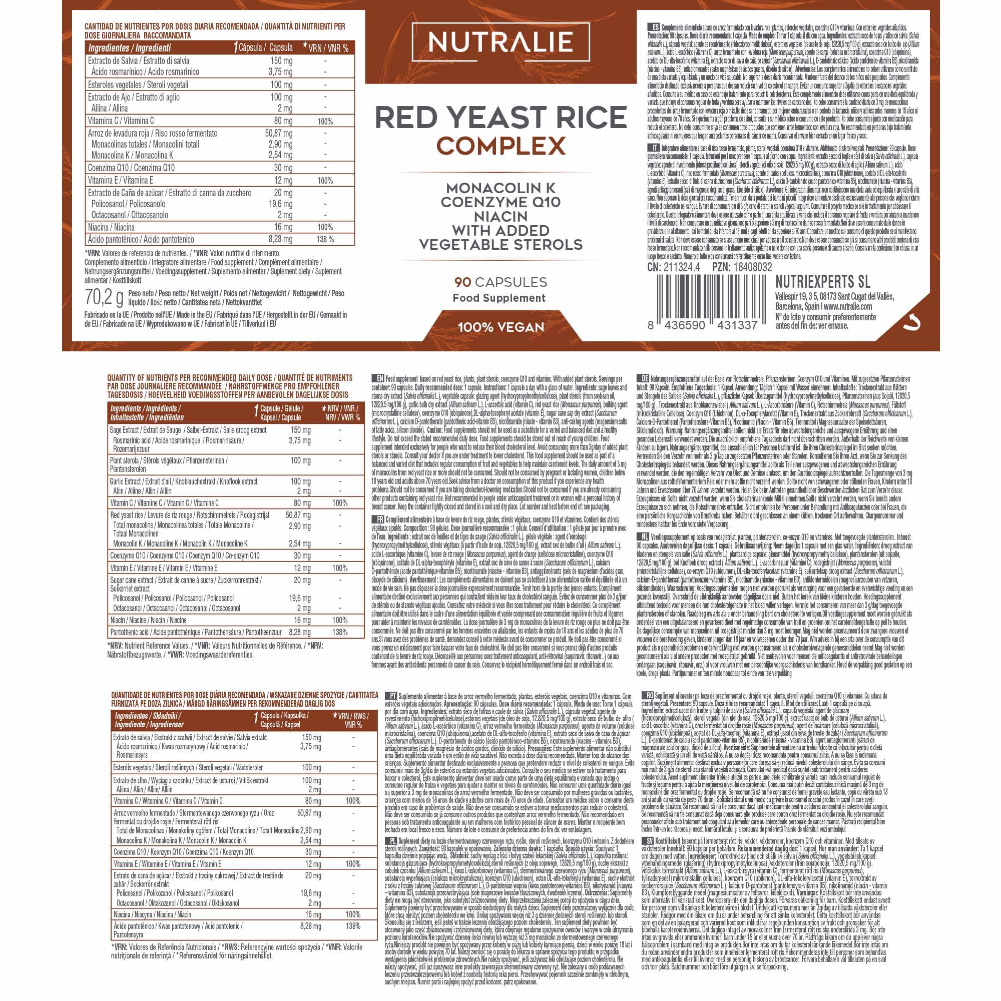 LEVURE DE RIZ ROUGE 2,9mg Monacoline K + Q10 + Vit C E - Levure de riz rouge - 90 Gélules Vegetales Nutralie