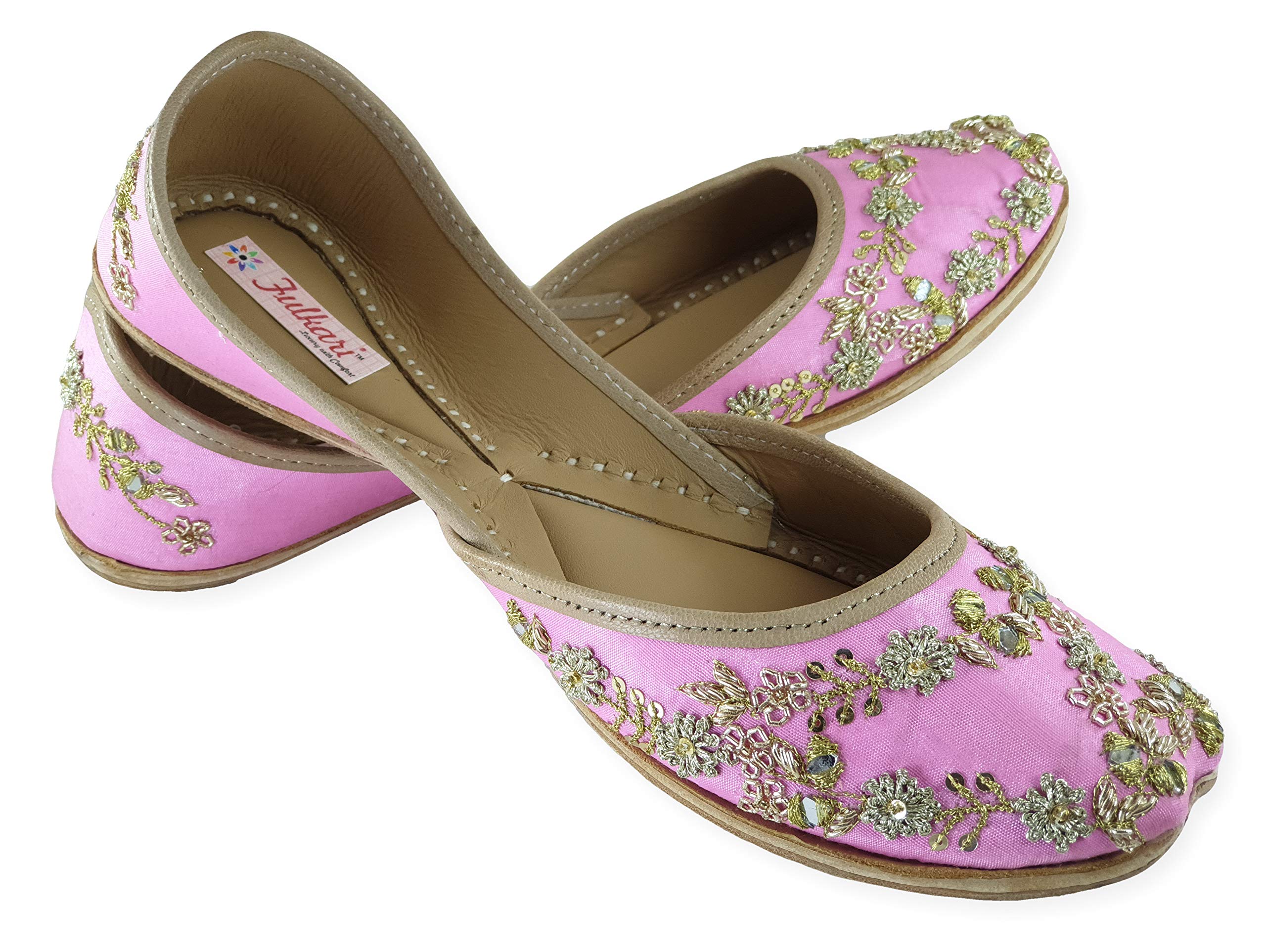 Women Spring Mirror Genuine Soft Leather Embroidered Jutis | Bite and Pinch Free Jutti | Punjabi Formal Juttis | Girl's Wedding Flat Ladies Mojari | Formal Ethnic Juti |