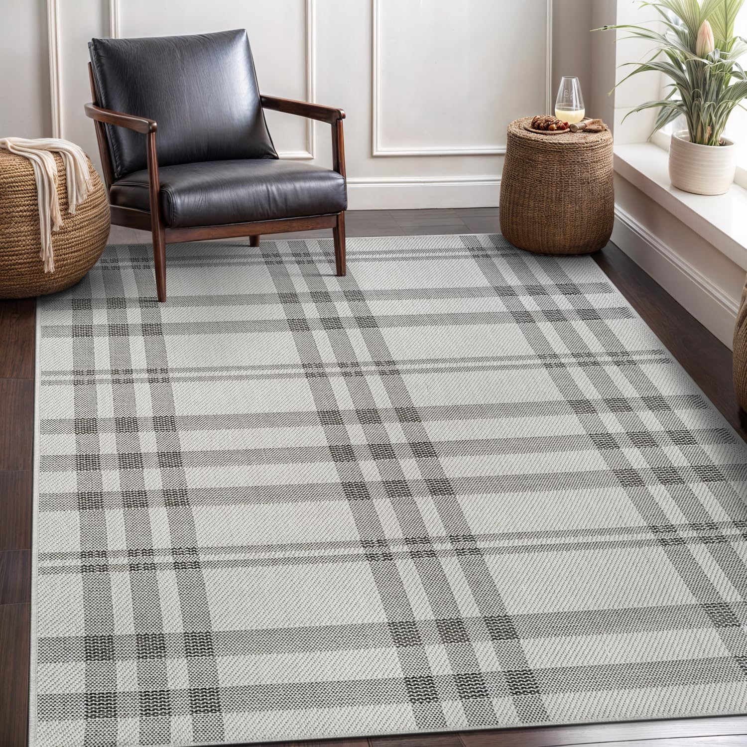 CAMILSON Easy Jute Rug 6x9, Indoor Outdoor Off-White Color Fiber Area Rugs for Entry, Living Room and Farmhouse Rug, Checkred Boho Woven Design,