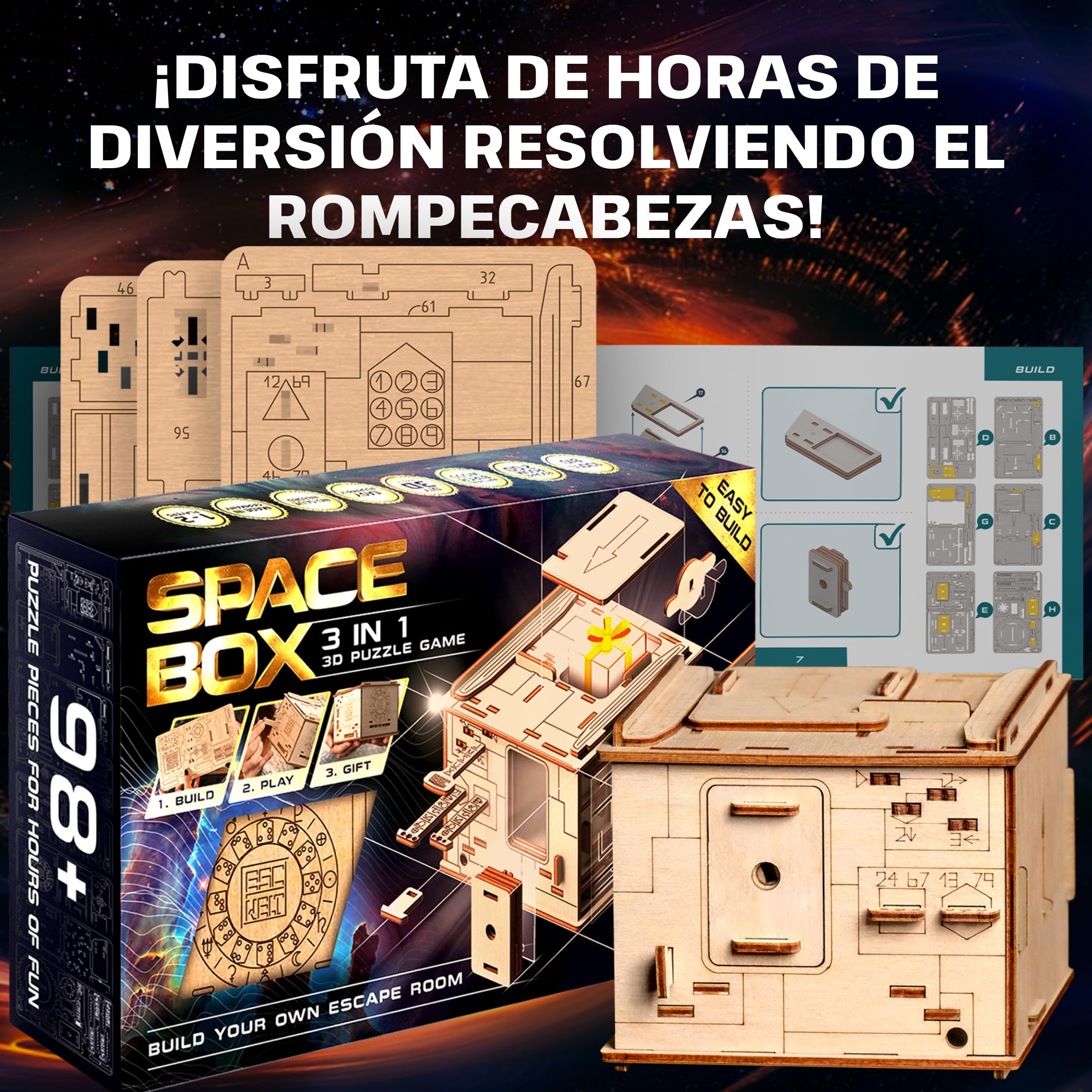 ESC WELT Juego de Rompecabezas 3D Space Box - Caja de Rompecabezas de Madera 3 en 1 - Juego Rompecabezas de Acertijos - Puzle para Niños y Adultos adivinanzas - Pascua Juego Mental de Escape Room