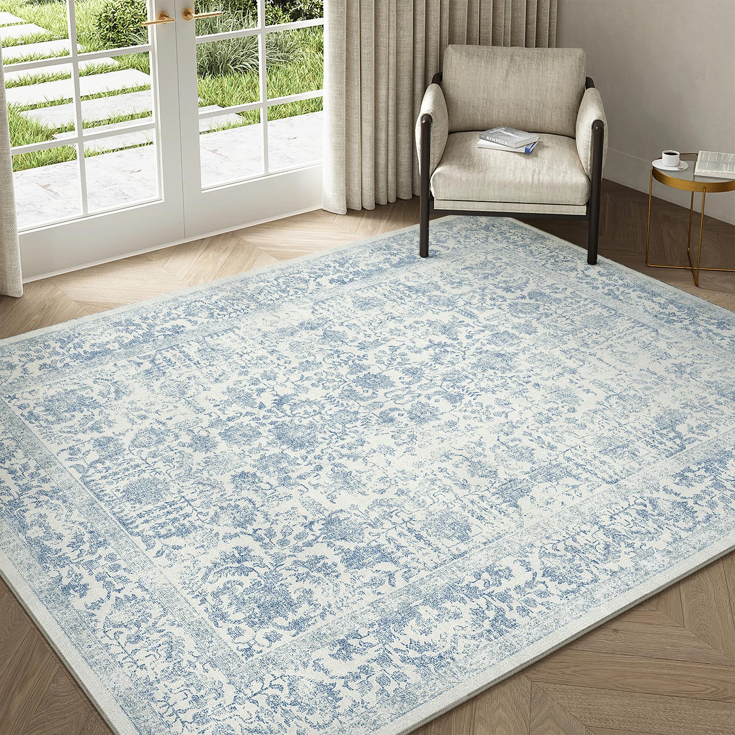 HUGEAR Vintage Tappeto Salotto Blu Tappeti 150x210cm Soggiorno Antiscivolo Lavabile in Lavatrice Tapette Camera da Letto Sala Ufficio Bambina Bambino Pelo Corto Grande Carpet