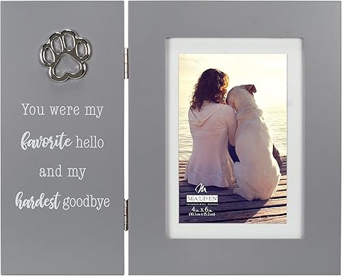 Malden Int Designs Pet Remembrance - Marco de fotos con bisagras de 4 x 6 pulgadas con sentimiento y accesorio de metal, You were my favorite hello