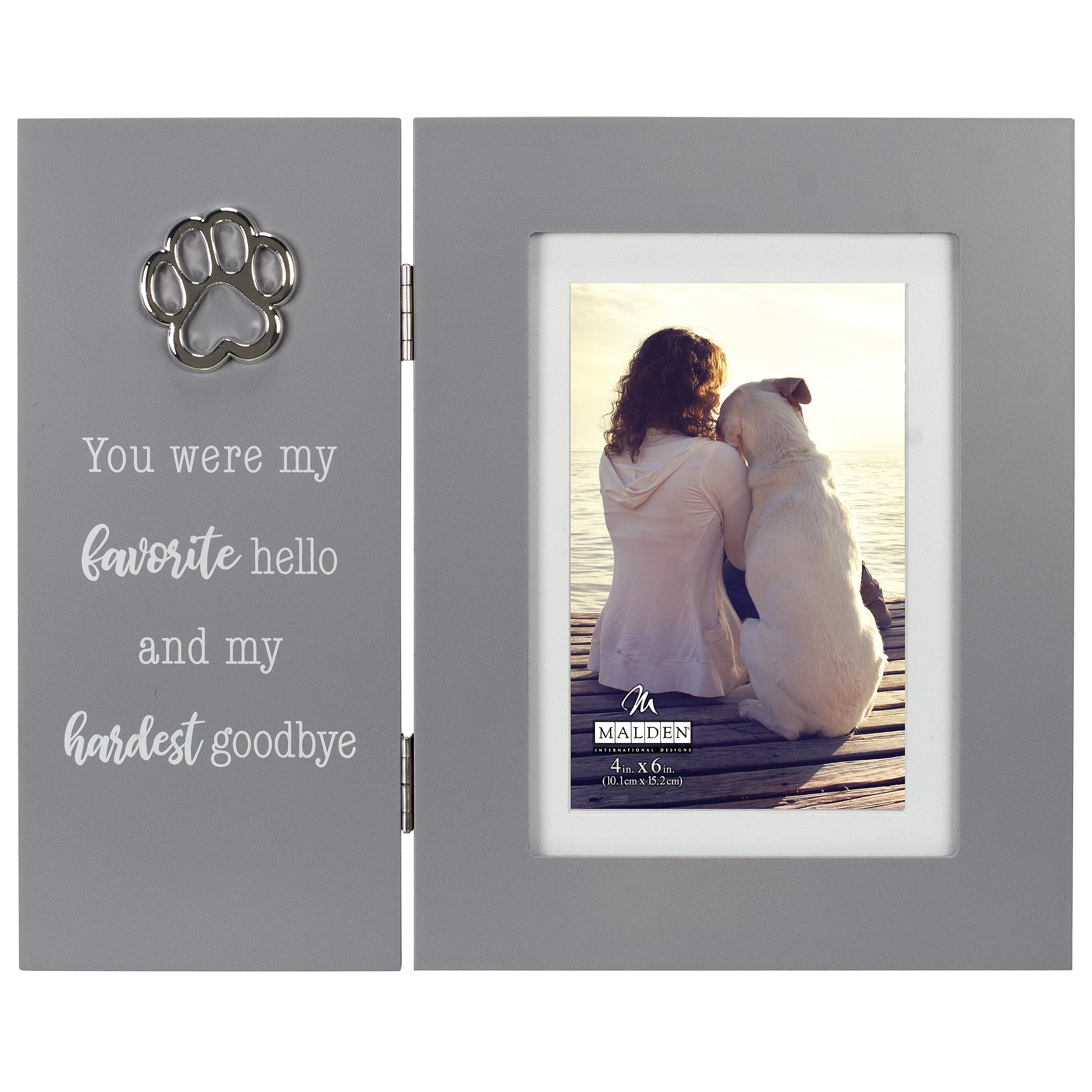 Malden Int Designs Pet Remembrance 4x6 Hinged Picture Frame with Sentiment and Metal Attachment You were my favorite hello and my hardest goodbye Quality MDF Wood Gray