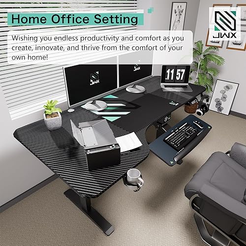 Miniatura 7 de JWX Escritorio ajustable de pie, escritorio eléctrico en forma de L de 63 pulgadas para juegos con ruedas de bloqueo, soporte para tazas, gancho