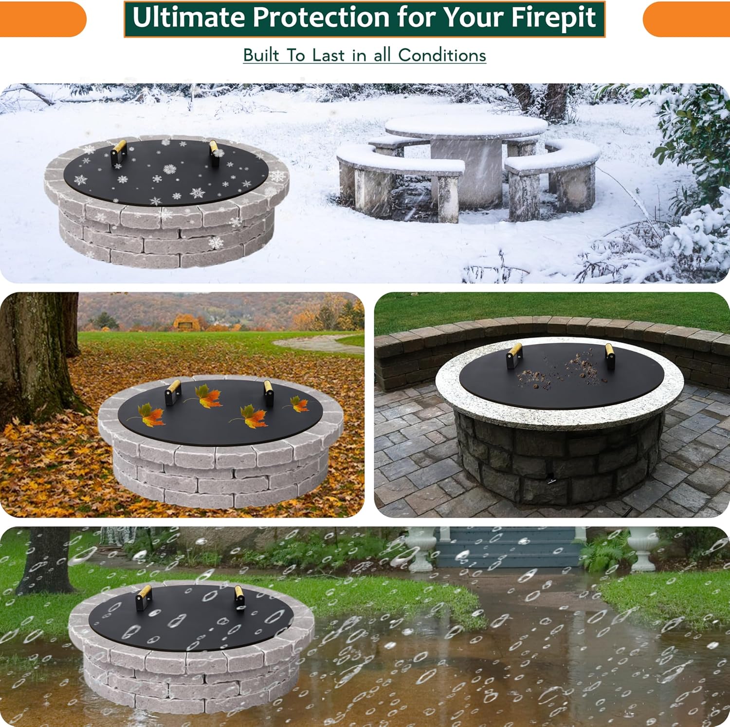 Round Fire Pit Lid - 28 inch fire pit cover Metal with Wooden Handles - Fits for Bonfire Pits or Propane Fire Pit Fire Tables, Weather Resistance Outdoor Firepit & Smokeless Fire Pit Cover as Tabletop