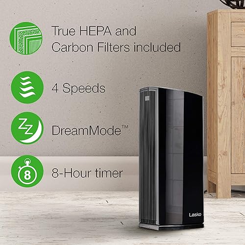 Miniatura 4 de Lasko LP450 - Purificador de aire de torre HEPA prémium para el hogar con DreamMode y temporizador la filtración HEPA verdadera elimina el 99.97%