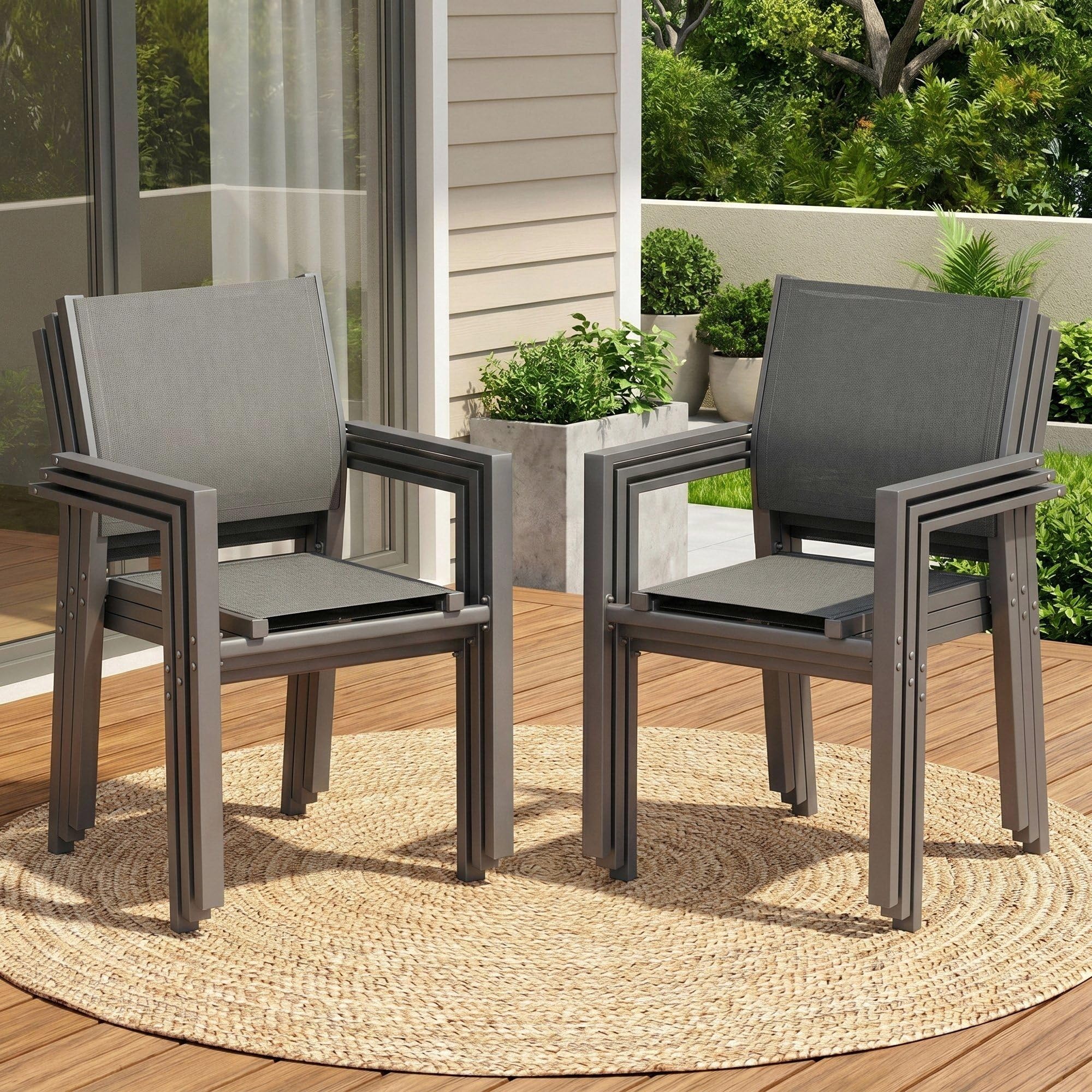 LIFERUN Juego de 6 sillas de jardín apilables Teslin y Estructura de Metal, sillas de balcón, sillas de Comedor para Exteriores, para terraza, jardín, Piscina, hasta 120 kg, Gris, 6 pcs | Teslin - Silla de jardín con estructura de metal (120 kg, transpira