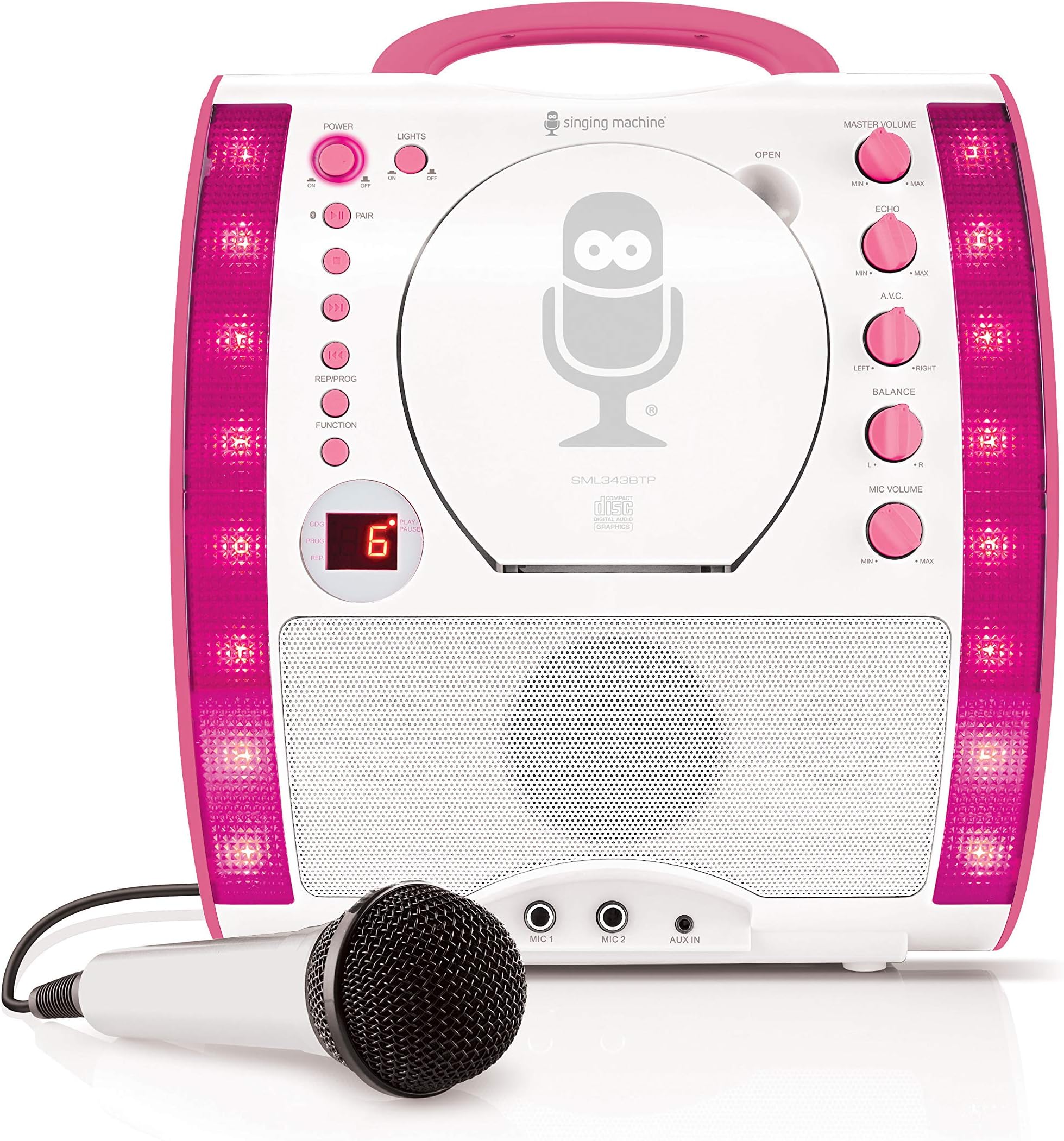 Singing Machine SML343BTP Portable CDG + Bluetooth Karaoke System with LED Disco Lights and Microphone