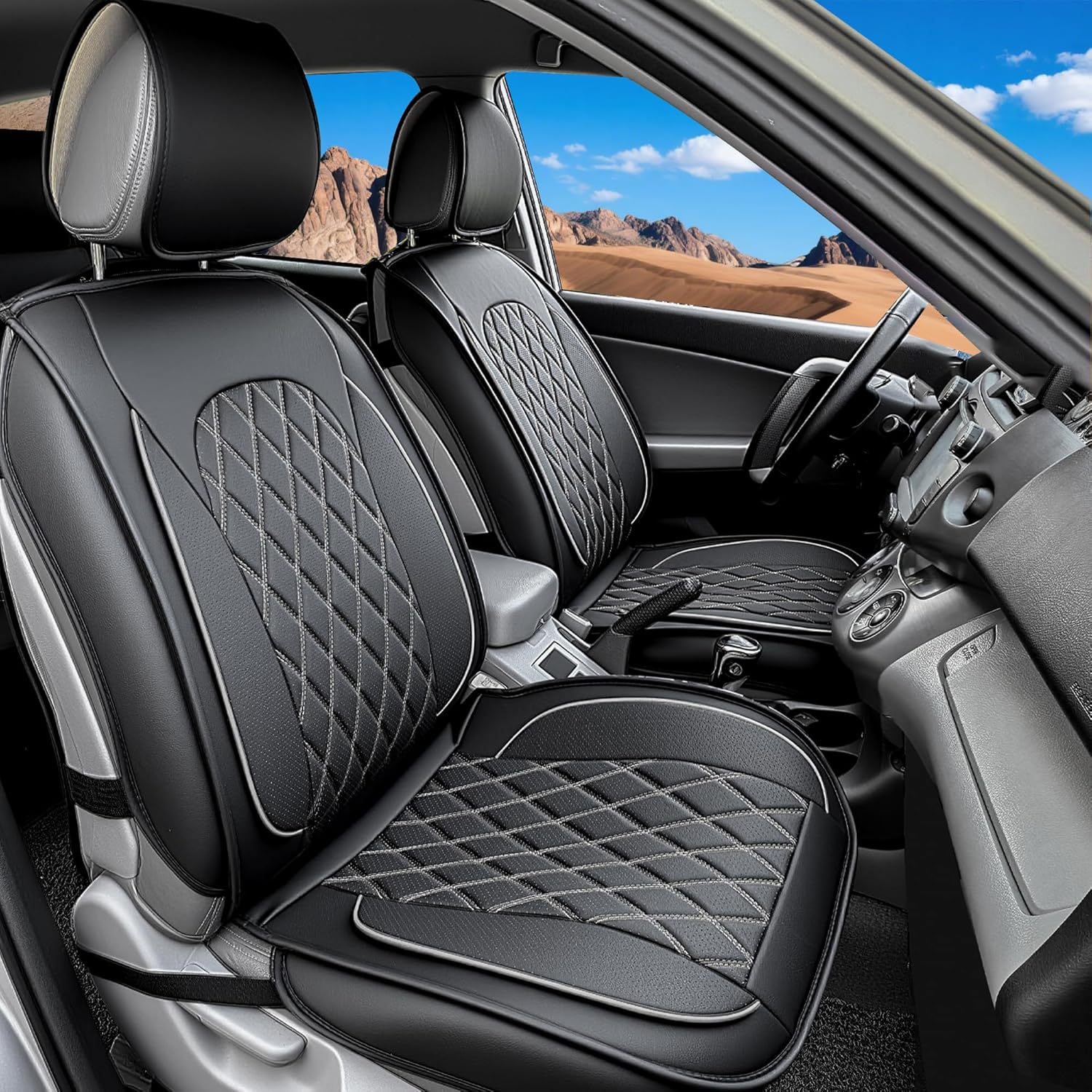 LINGVIDO Car Seat Covers – Premium Nappa Leather Full Set for Front & Rear Seats, Durable, Comfortable, Easy to Install, Fits Most Cars, Sedans, SUVs – Ideal for Commuters, Families & Road Trips Black & Gray Line Full Set (5 Seats)