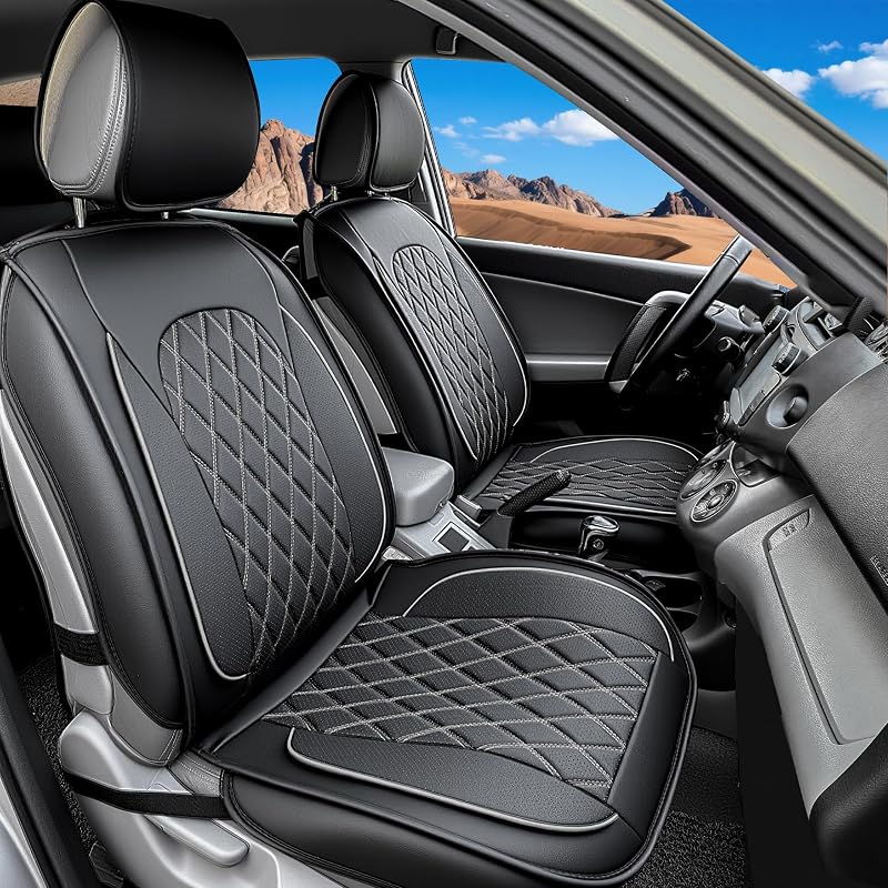 Capas para Bancos Dianteiros LINGVIDO em Couro Sintético Perfurado Preto e Cinza, Compatíveis com Airbag, Kit com 2
