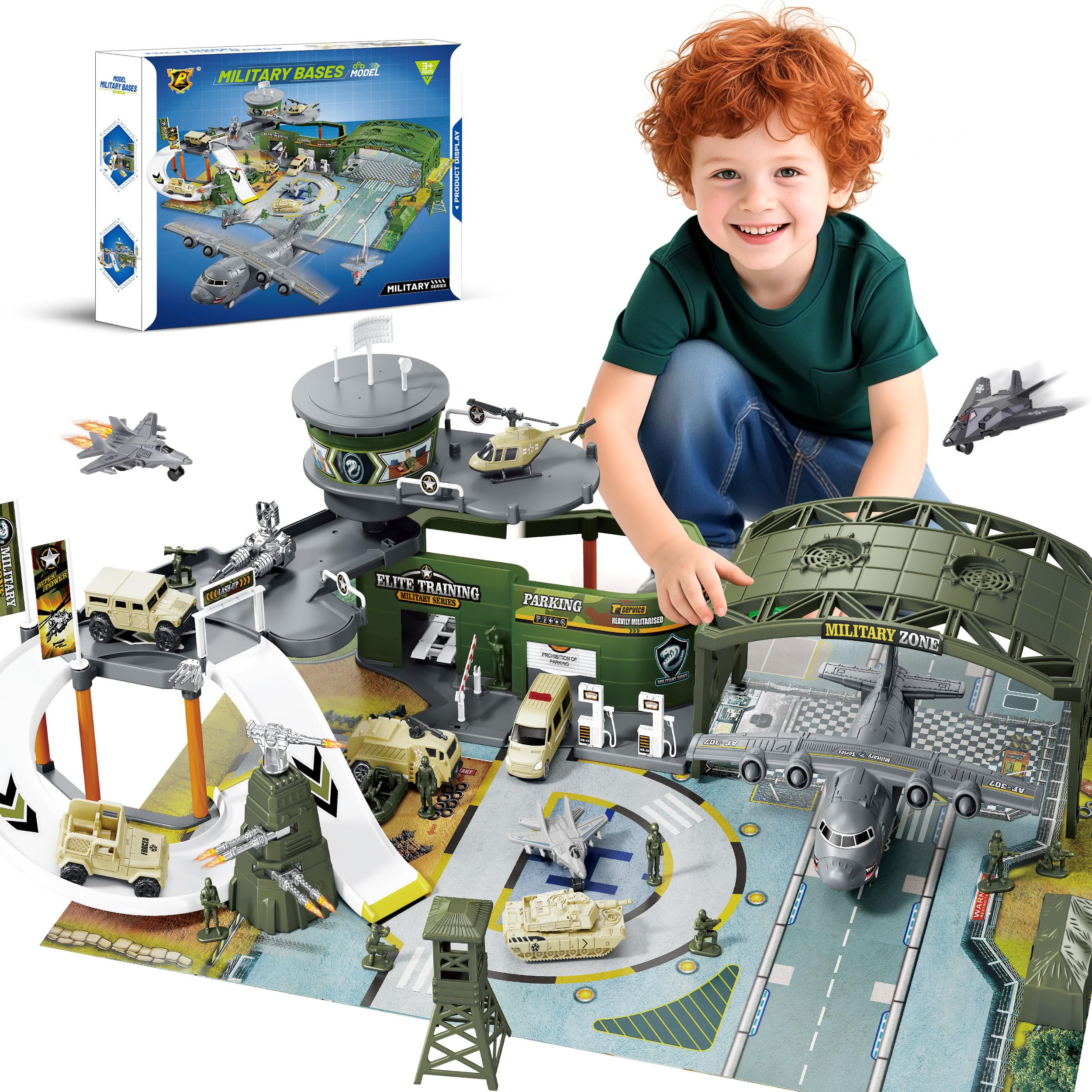 Juego de pista de carreras de juguete de base militar con avión, tanques, autos, helicópteros, aviones de combate, figuras de acción del ejército y alfombra de juego, juguetes de vehículos del