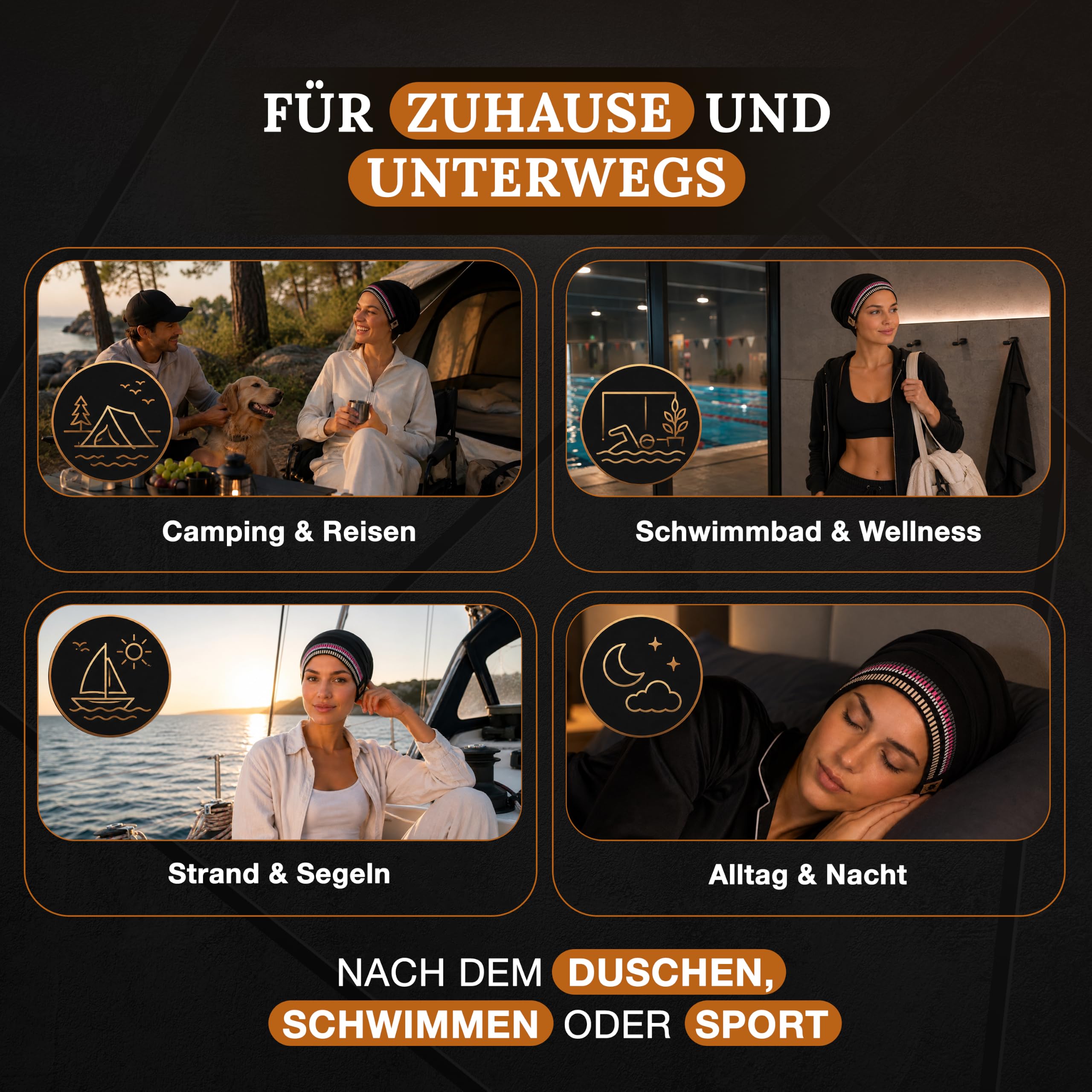 Handtuchmütze – Handtuch & Mütze in einem – Turban für nasse Haare – schnelltrocknend, saugstark – Damen – Wellness, Sauna, Fitness, Strand – One Size schwarz