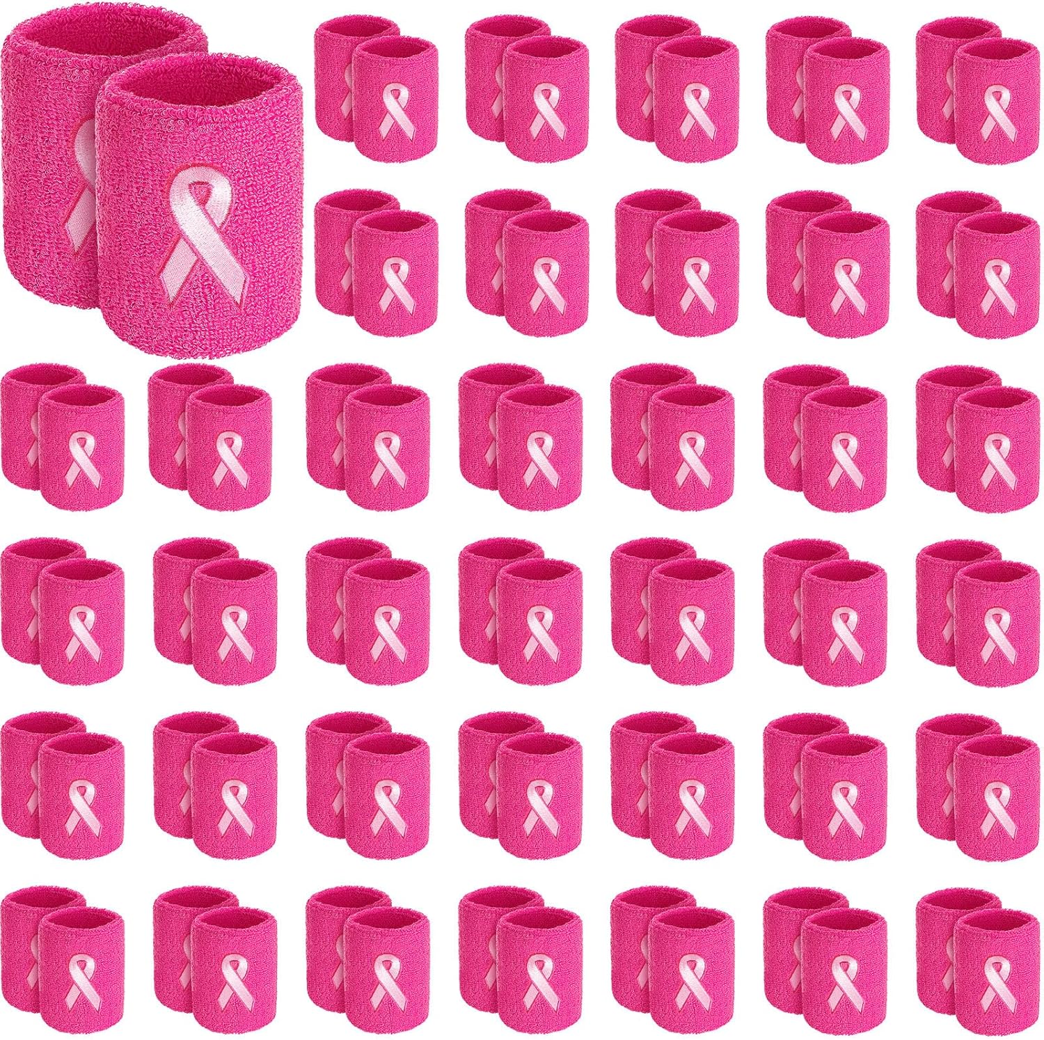 Leyndo 100 Pcs Pink Ribbon Wrist Bands Breast Cancer Awareness Wrist Sweatbands Gymnastics Sports Wristbands Cotton Arm Bands Football Wristbands for Men Women Working Out