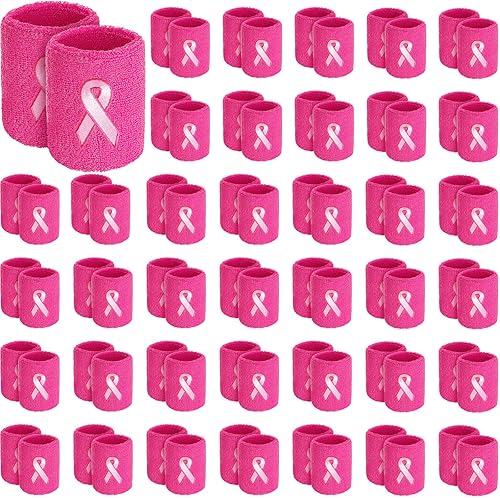 Leyndo 100 muñequeras de cinta rosa para concientización sobre el cáncer de mama, muñequeras para gimnasia, deportes, muñequeras de algodón,