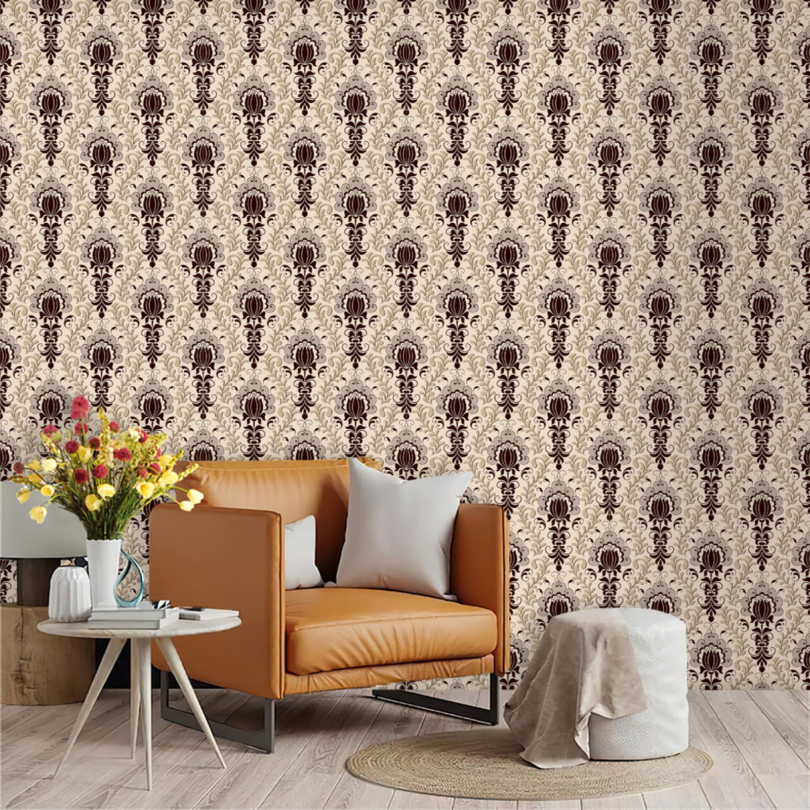 Zahhyg Brown Wallpaper Flower Peel And Stick Self Adhesive Wallpaper For Living Room Waterproof Vinyl, Art Deco Thicken Sticky Back Plastic Removable