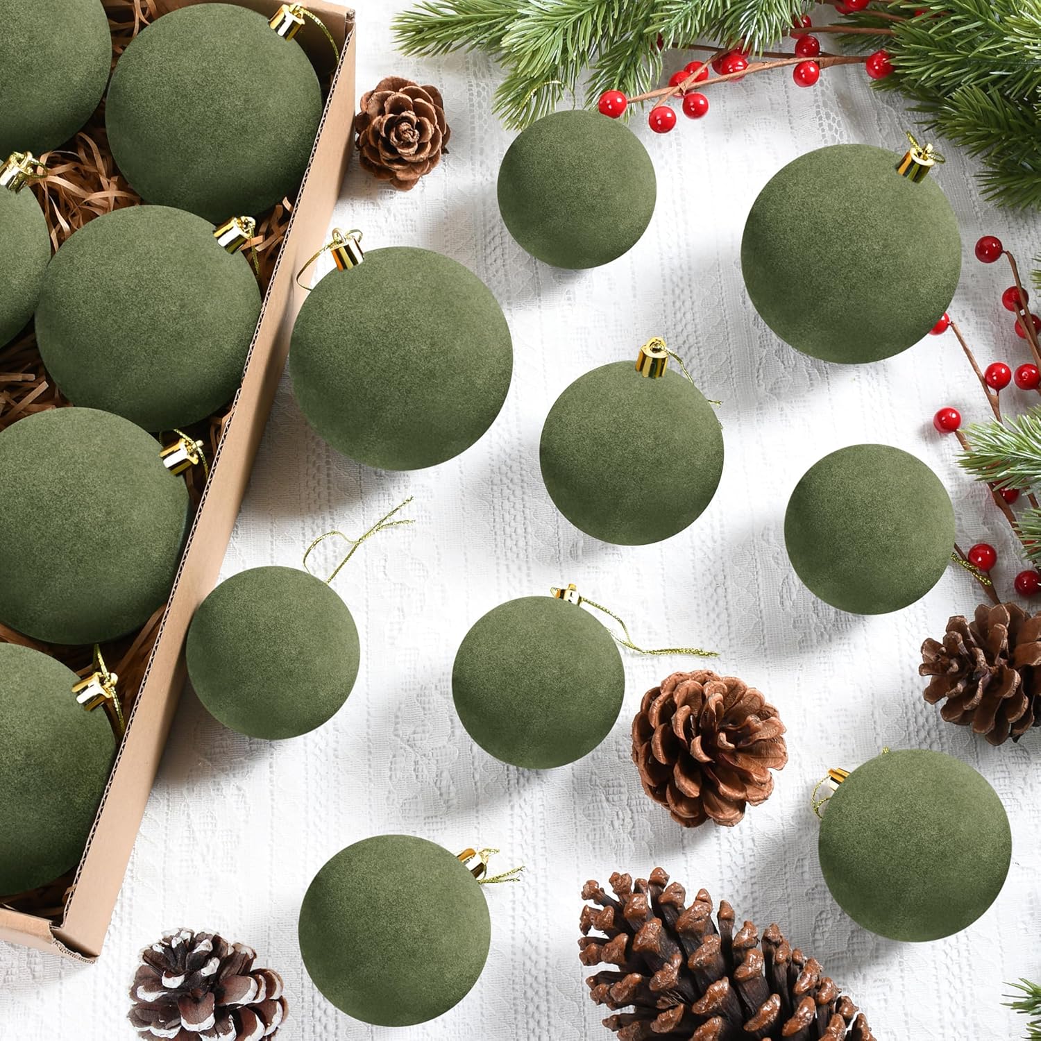 24 Pcs Velvet Christmas Ball Ornaments, 3 Sizes Flocked Plastic Balls Xmas Hanging Decorations Multicolor Christmas Tree Balls for Xmas Tree Home Party Supplies (Green) 24 Pcs Velvet Christmas Ball Ornaments, 3 Sizes Flocked Plastic Balls Xmas Hanging Decorations Multicolor Christmas Tree Balls for Xmas Tree Home Party Supplies (Green)