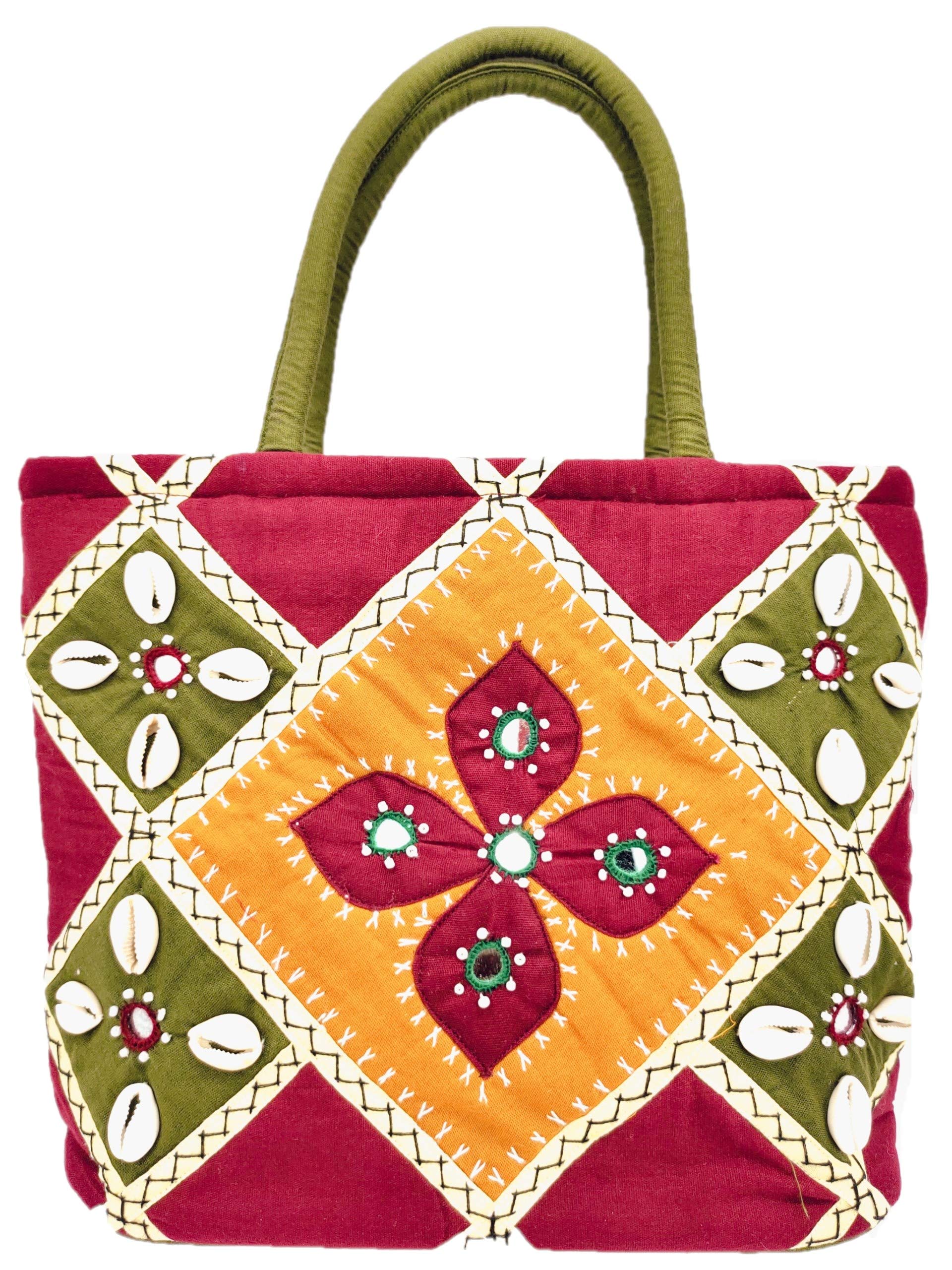 SriShopify Handcrafts applique hand bag Banjara bags for ladies Traditional handmade hand held Cotton bag (Maroon Bags, Mirror, Beads, Shells thread Work Hobo bag Handcrafted mini handbags)