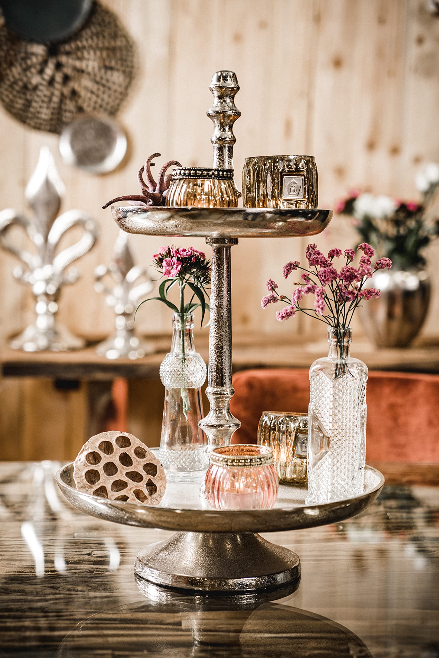 Présentoir à 2 étages - Plateau décoratif - Plateau de service en métal et aluminium - Argenté - Décoration de luxe - Décoration de table de mariage - 46 cm