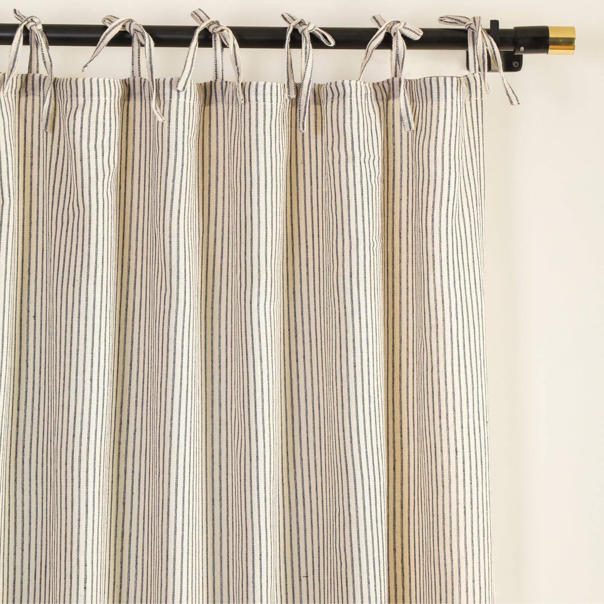 THE ART BOX Gauze Striped Curtains, Boho Linen Gauze Tie Top Hanging Curtains Light Filtering Door Window Treatment 2 Panel Drapes for Living Room Home Décor Black (54"x42" Each Panel)