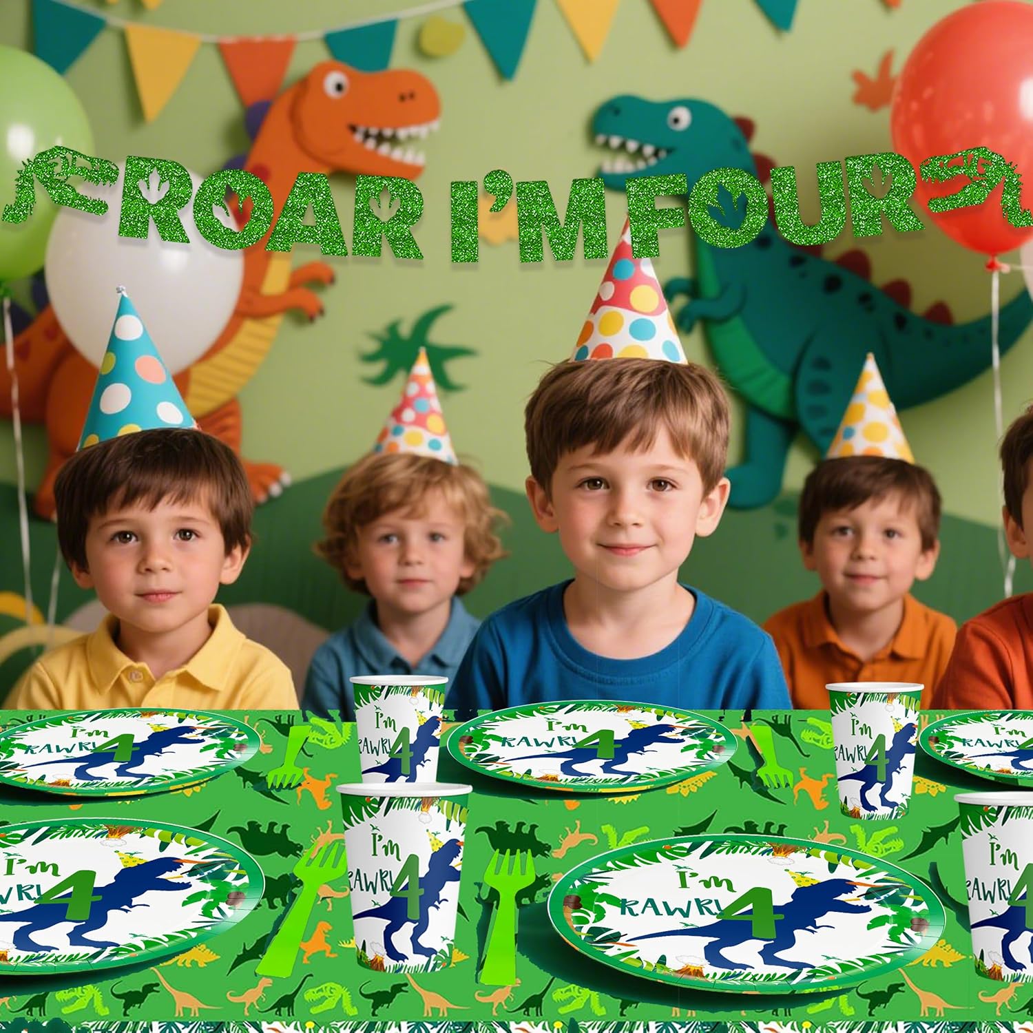 Dinosaur 4th Decorations Boy for Boy Roar Im Four Birthday Party Tableware Set include Straws Glitter Banner Plates Napkins Cups Tablecloth for 4 Year Old Dino Birthday Supplies, Serves 25