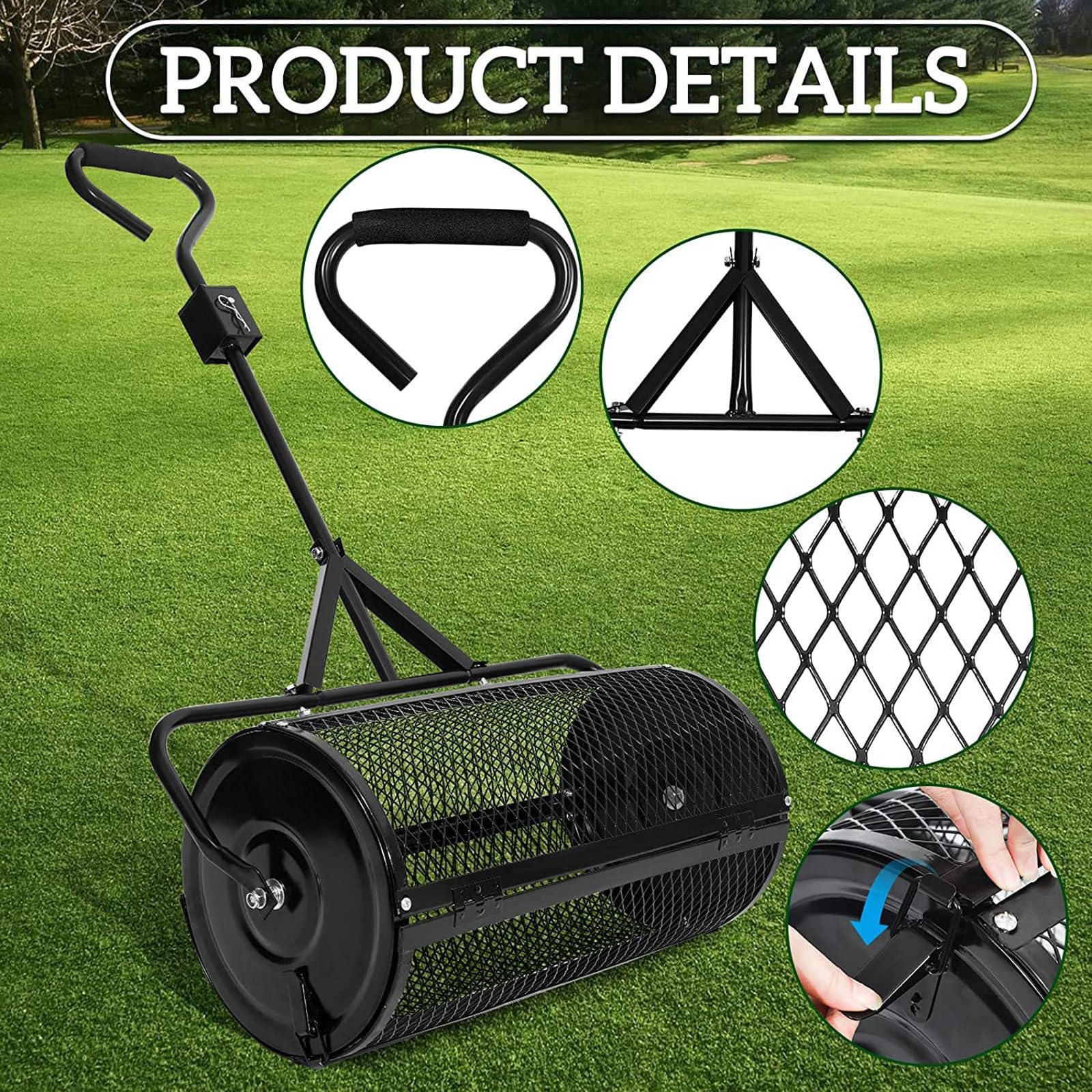 Esparcidor de abono (32 x 60 cm) – Cesta de malla de metal resistente, esparcidor de estiércol de turba y musgo, para plantar semillas, césped, cuidado del jardín, color negro