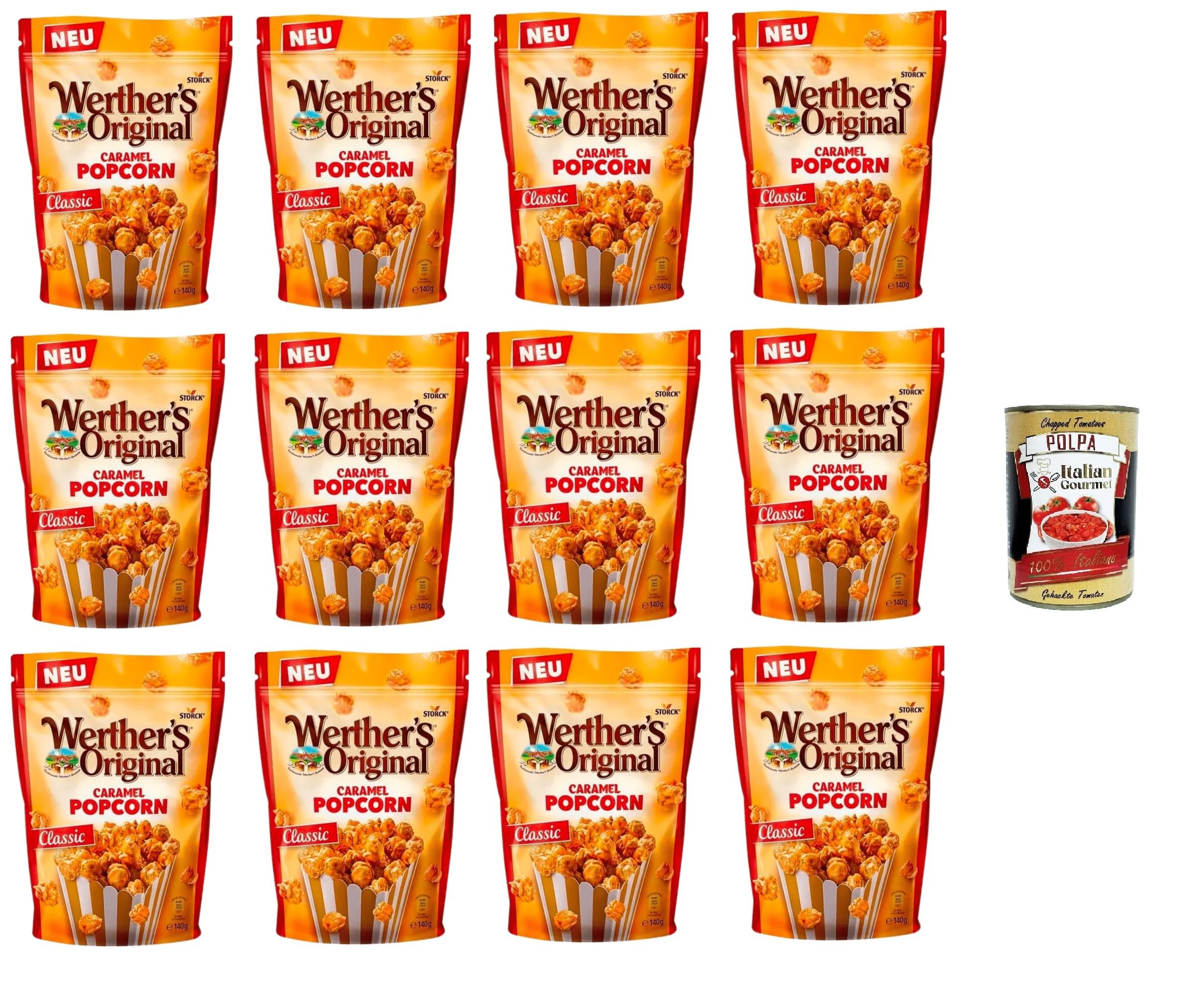 Italian Gourmet Werthers Original popcorn al caramello classico 12 x 140g | Snack dolce croccante; luftige Maisstücke mit Buttertoffee-Note, ideal für, Gesamtnettogewicht 1,68 kg + Kostenlos Polpa 400g