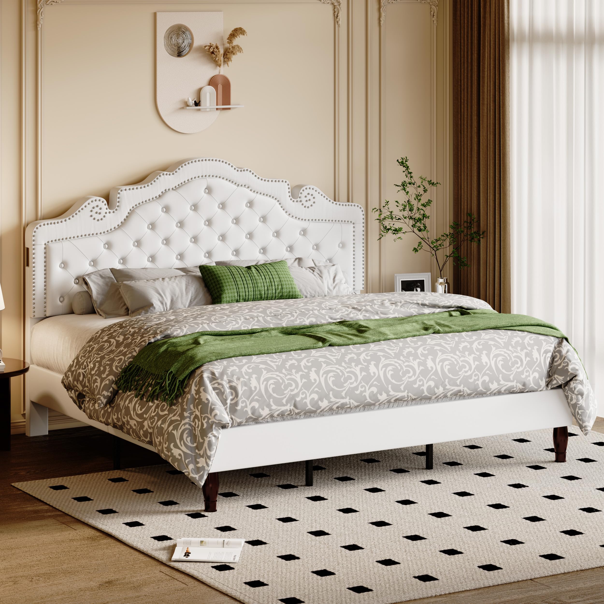 Allewie King Bed Frame with Adjustable Velvet Tiara Headboard, Upholstered Diamond Button Tufted Platform Bed, Wood Slats Support, No Box Spring Needed, Mattress Foundation, Easy Assembly, Black: White King