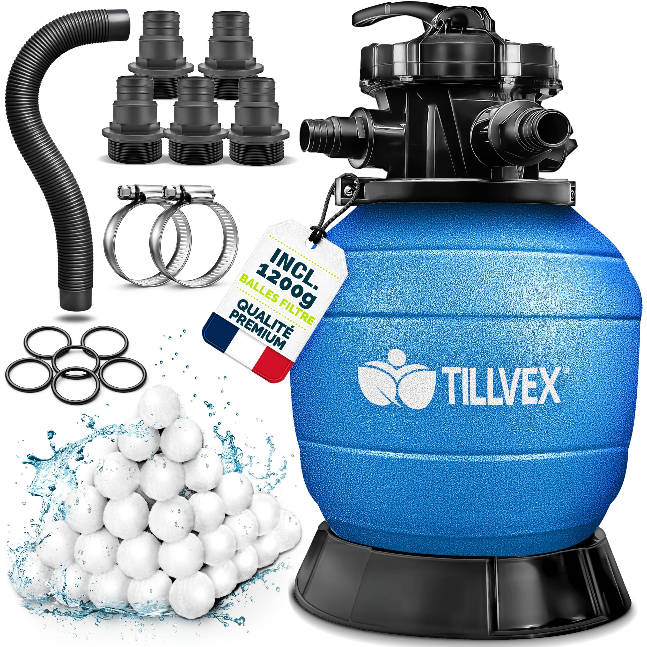 tillvex® Filtre à Sable pour Piscine sans Pompe + Billes filtrantes jusqu'à 50 m³ (50.000 litres) | Cuve Filtre Piscine INCL. Adaptateur Ø32-38mm | Vanne 7 Voies, manomètre & Tuyau d'aspiration