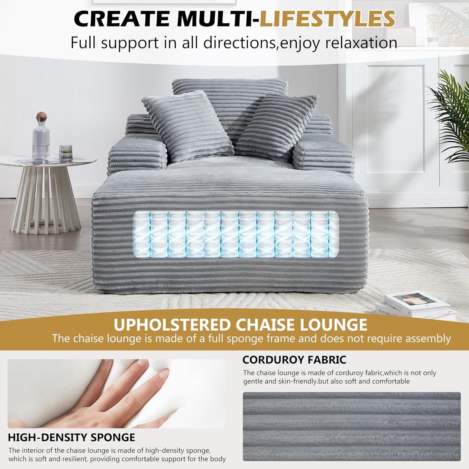 67" Chaise Lounge Chair Indoor, Oversized Corduroy Upholstered Boneless Sleeper Sofa, Deep Seat Lounge and Three Soft Pillows, for Living Room, Bedroom, No Assembly Required (Grey)