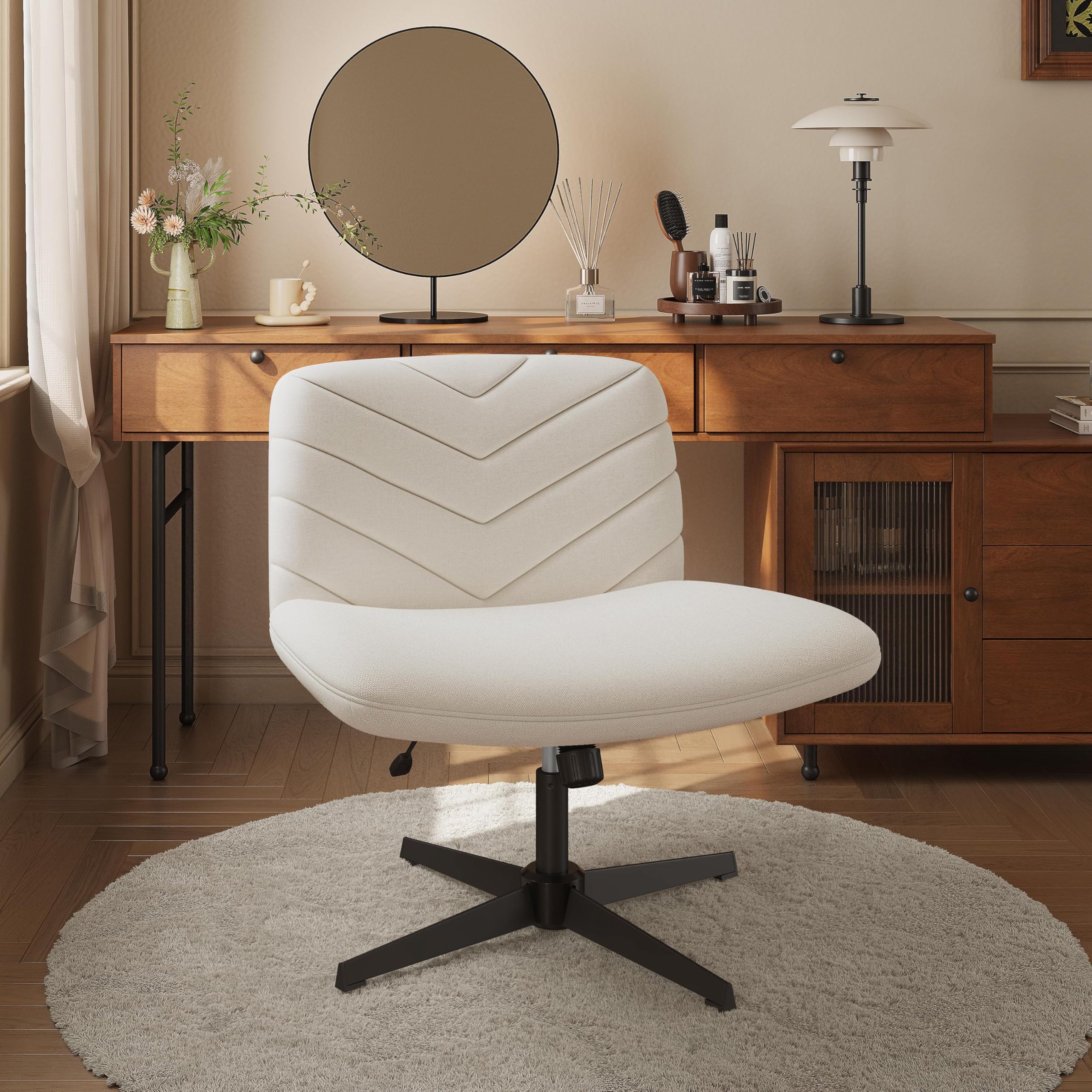 Yaheetech Homeoffice Stuhl aus Stoff in Leinenoptik, Ergonomischer Bürostuhl, Schreibtischstuhl mit breiter Sitzfläche, Höhenverstellbarer Drehstuhl ohne Rollen als Schneidersitz-Stuhl Beige