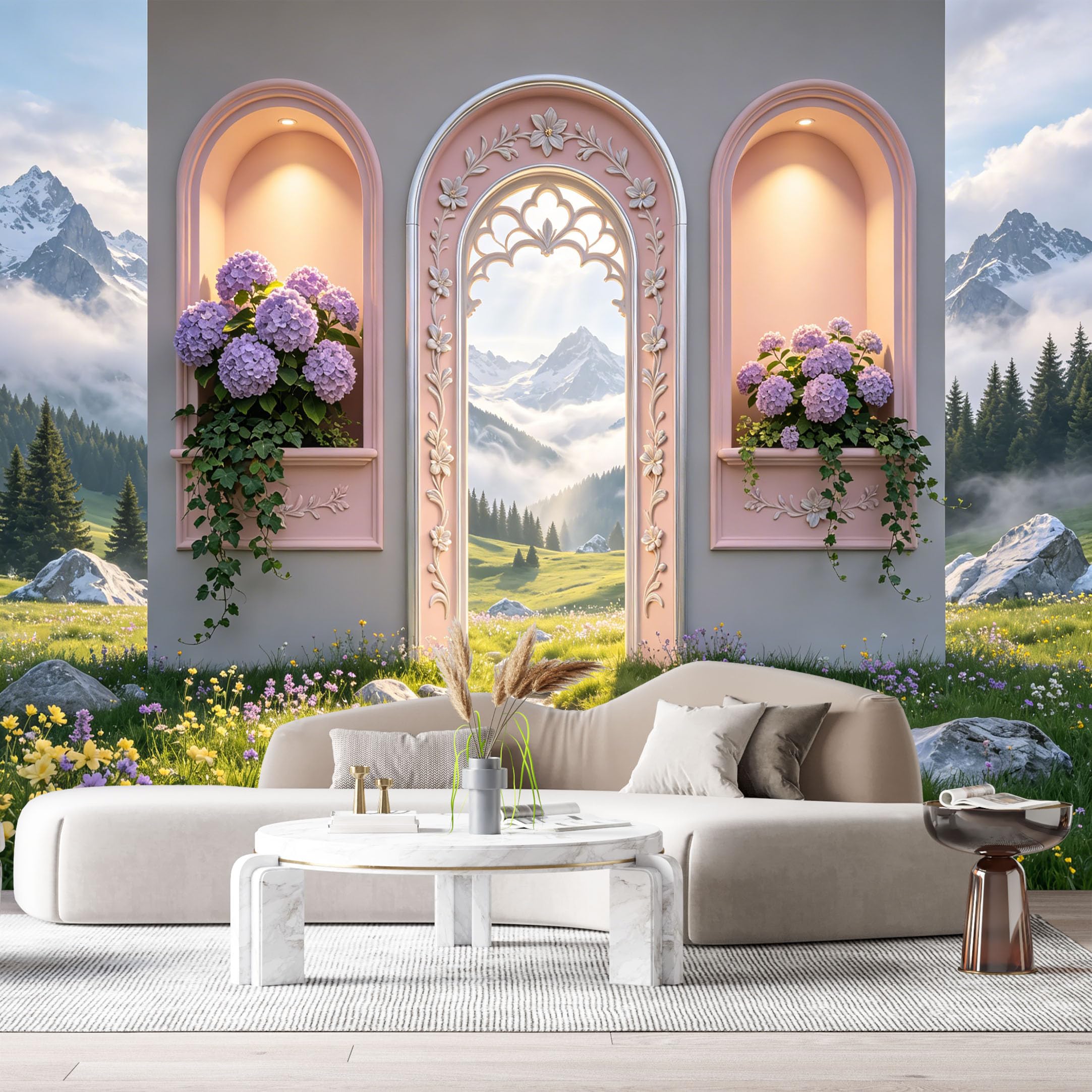 Custom Size Wall Murals Neoclassical Archway Mountain Landscape Hydrangea Flower 3D Trompe L'Oeil SelfAdhesive Wall Fabric Removable Large Wallpaper for Photo Living Room