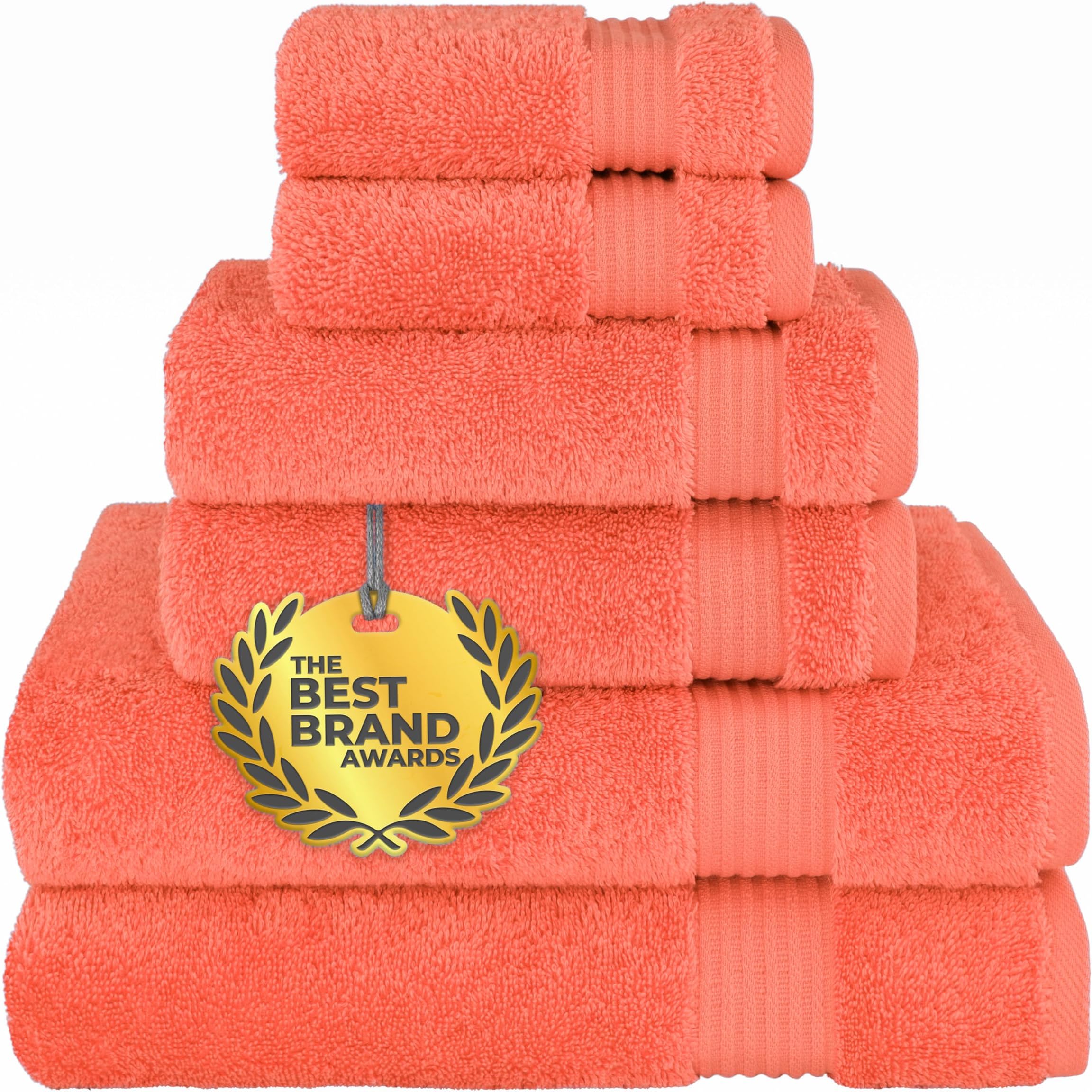 6 Piece Towel Set, 100% Cotton Soft Absorbent Turkish Towels for Bathroom, 2 Bath Towels 2 Hand Towels 2 Washcloths, Coral Towel Set