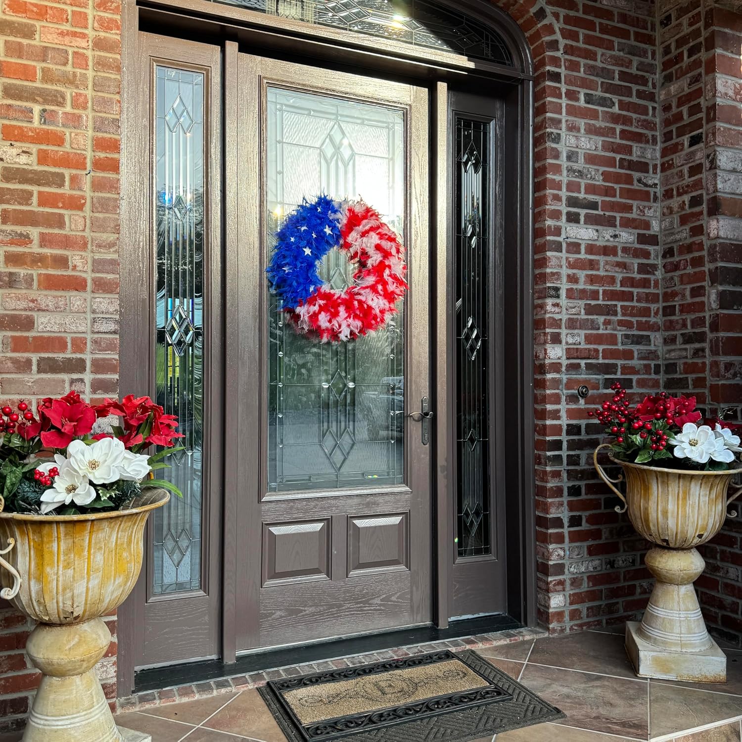 ZUCKER American Flag Feather Wreath, Red White and Blue Patriotic Door Decor