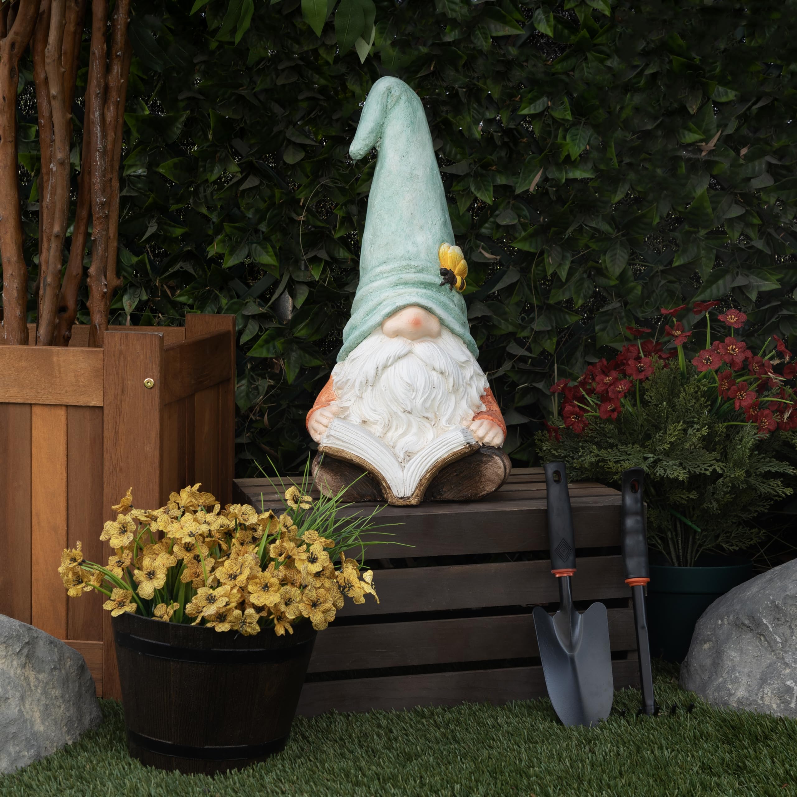Alpine Corporation MCC844 GNOME intérieur/extérieur Lecture d'une Statue de Jardin de Livre, Statue de GNOME Charmant avec Chapeau, 20" H, Turquoise