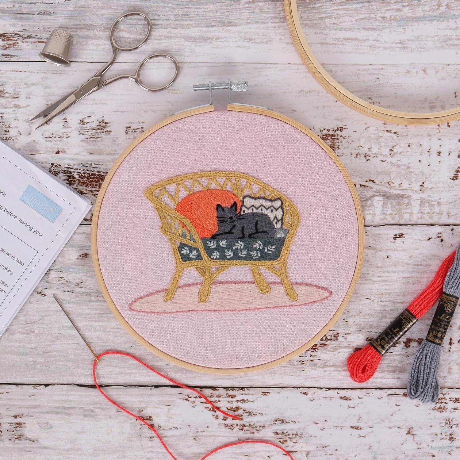 Trimits Embroidery Hoop Kits - 15cm 6” Beginner Starter Set, Includes Bamboo Hoop Threads Cloth Needle Backing & Instructions, Cat