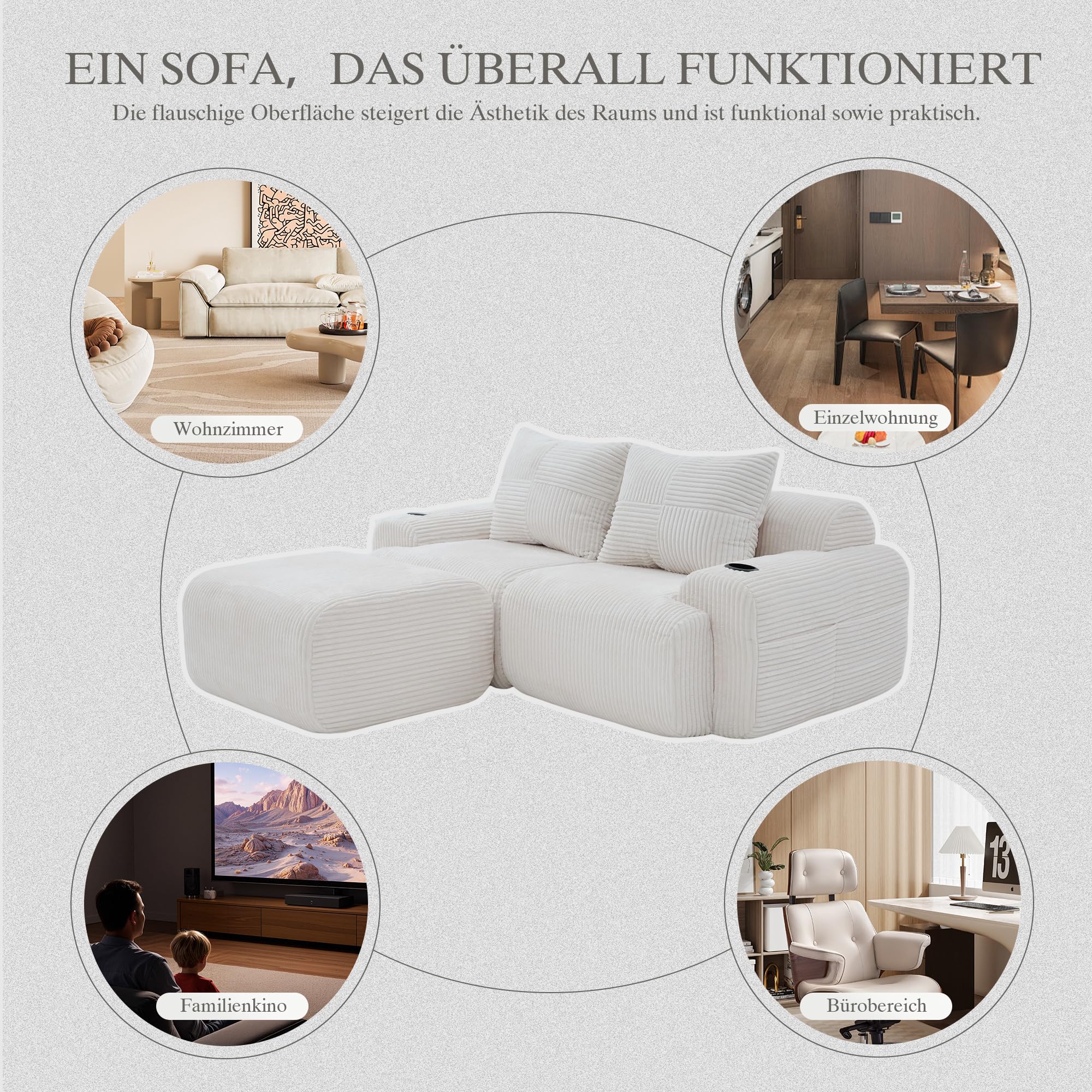 Bladez Sofá modular en forma de L, sofá de 2 plazas de cordón moderno con taburetes, sofá de asiento profundo sin montaje, con portavasos y bolsillo lateral, para sala de estar (Beige, 2 plazas+1)