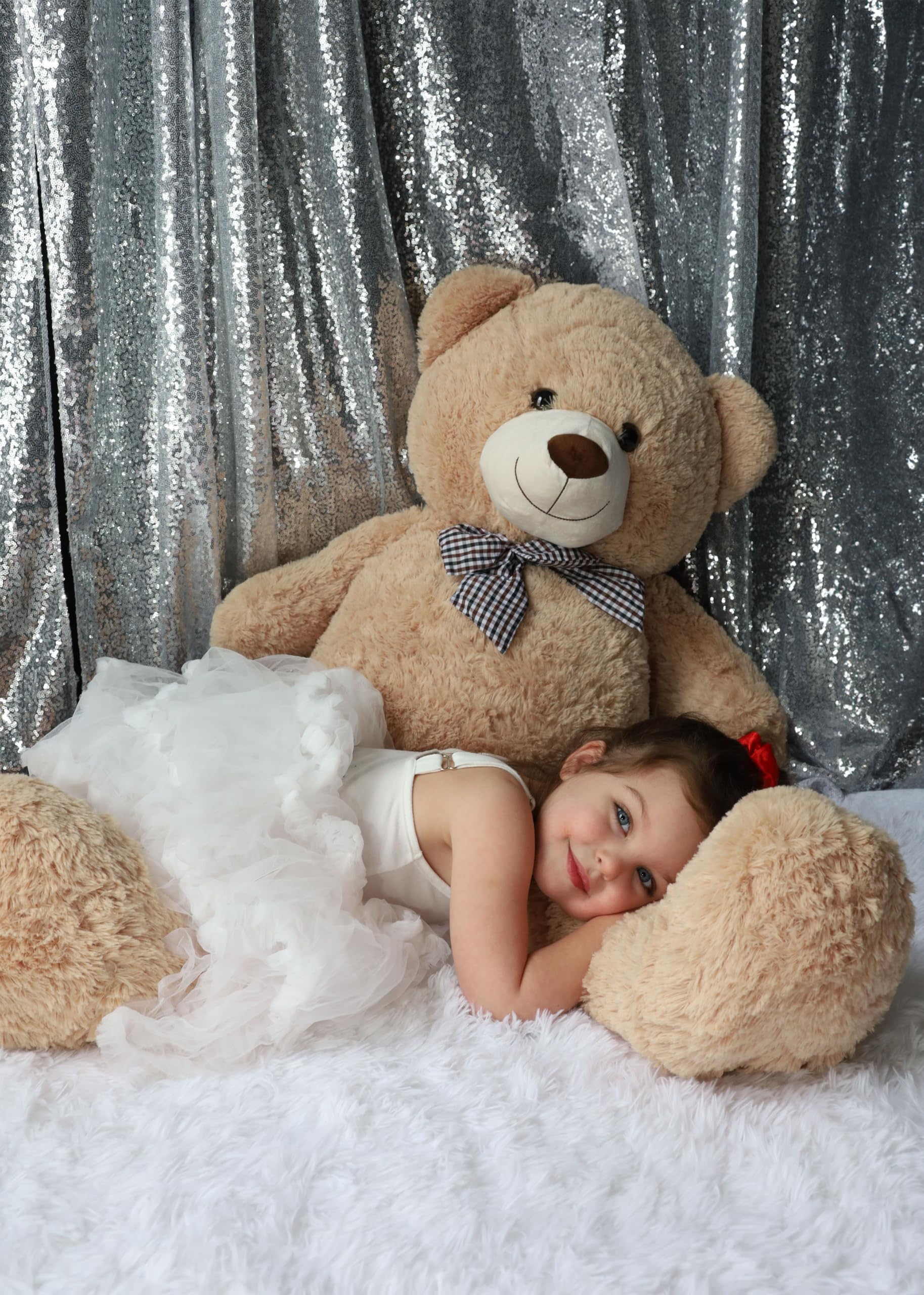 MorisMos Ours en Peluche Géant 120cm, Grand Nounours Doux avec Nœud Papillon, Peluche XXL Moelleuse à Câliner, Cadeau d’Anniversaire pour Enfants et Adultes Beige