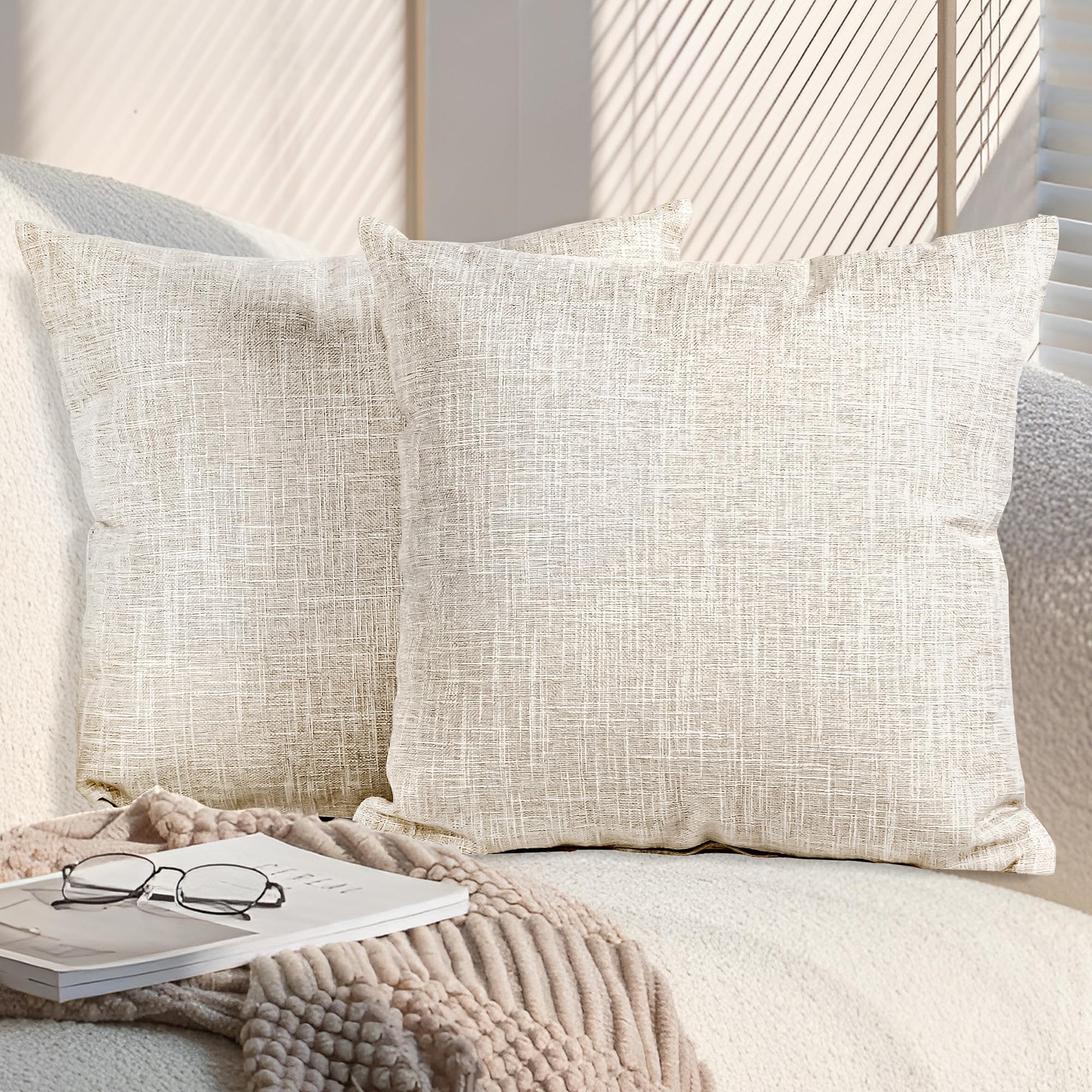 Decorative Throw Pillow Covers 16x16 Inch Super Soft Modern Farmhouse Pillow Case with Rustic Woven Textured, Outdoor Cushion Covers for Sofa Livingroom,Set of 2,Beige