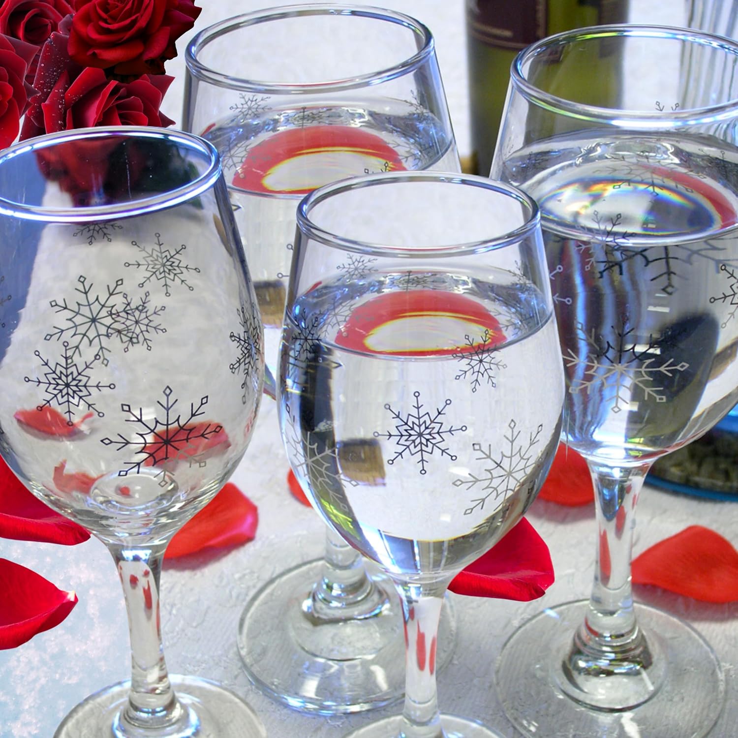 Snowflake Wine Glasses - Stemmed Wine Glasses with Silver Snowflake Designs Printed on each Side - Set of 4-7.75" H - 12 oz Capacity