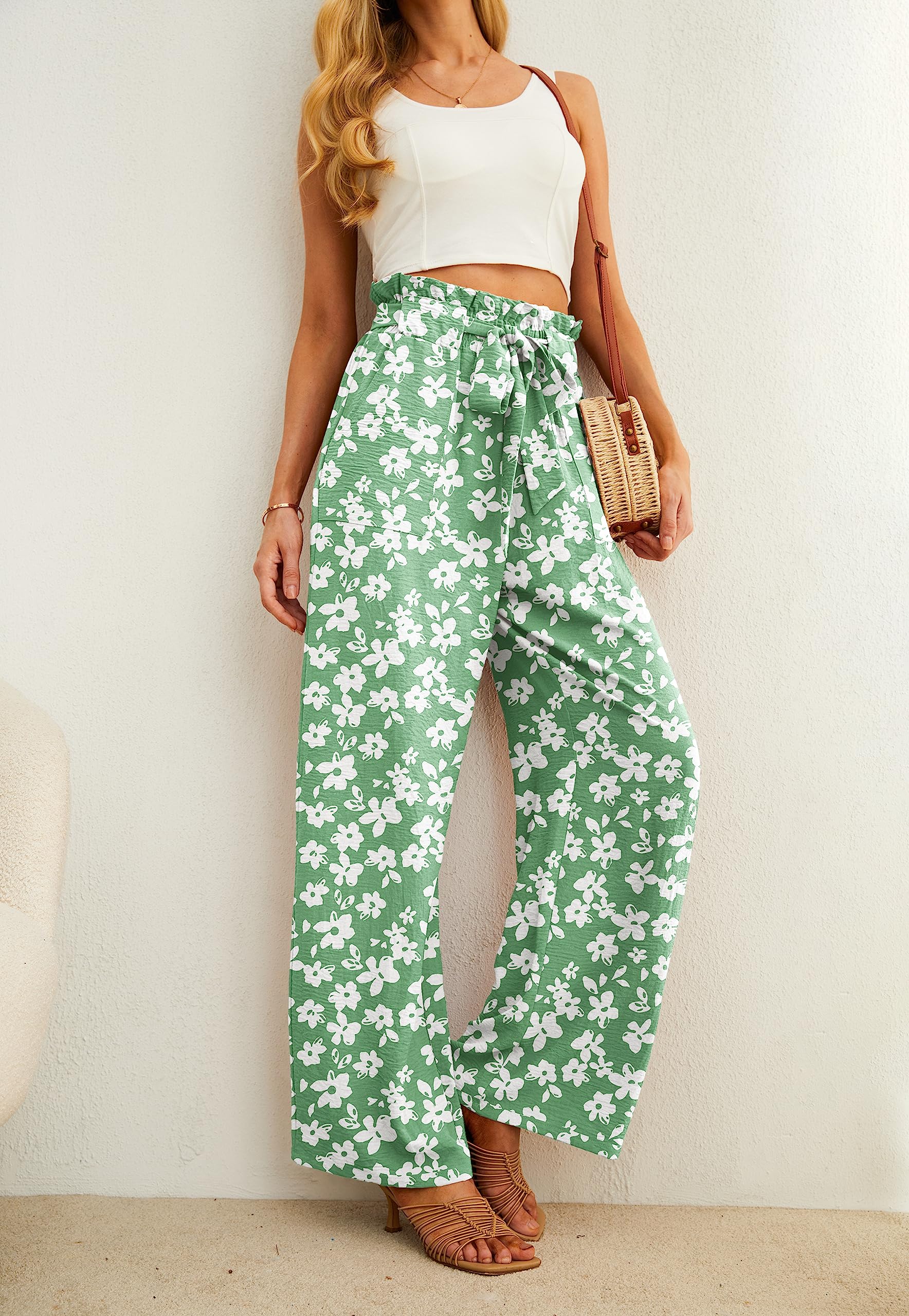 IWOLLENCE Women's Wide Leg Pants with Pockets High Waist Adjustable Knot Loose Casual Trousers Business Work Casual Pants