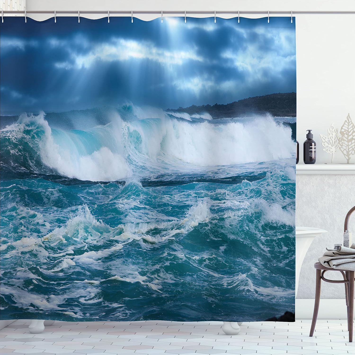 Ambesonne Ocean Shower Curtain, Huge Nasty Sea Waves in a Stormy Day Sky Closed with Clouds Few Sun Rays Coming, Cloth Fabric Bathroom Decor Set with Hooks, 84" Long Extra, Blue and Aqua