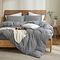 Vista 19 de Juego de funda de edredón a rayas tamaño Full 3 piezas 100% algodón lavado con textura parecida al lino natural arrugado cómodo transpirable