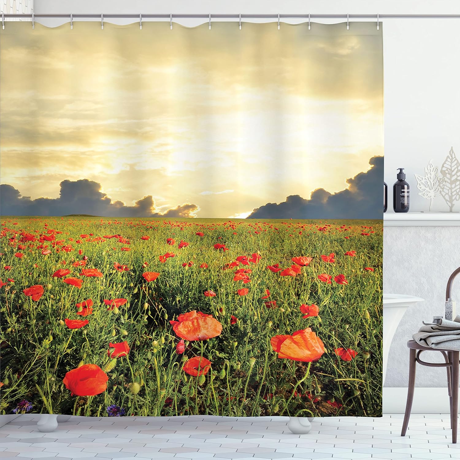 Ambesonne Flower Shower Curtain, Field with Grass and Poppy Blooms Against The Sunset Cloudy Sky View, Cloth Fabric Bathroom Decor Set with Hooks, 69" W x 70" L, Yellow Green