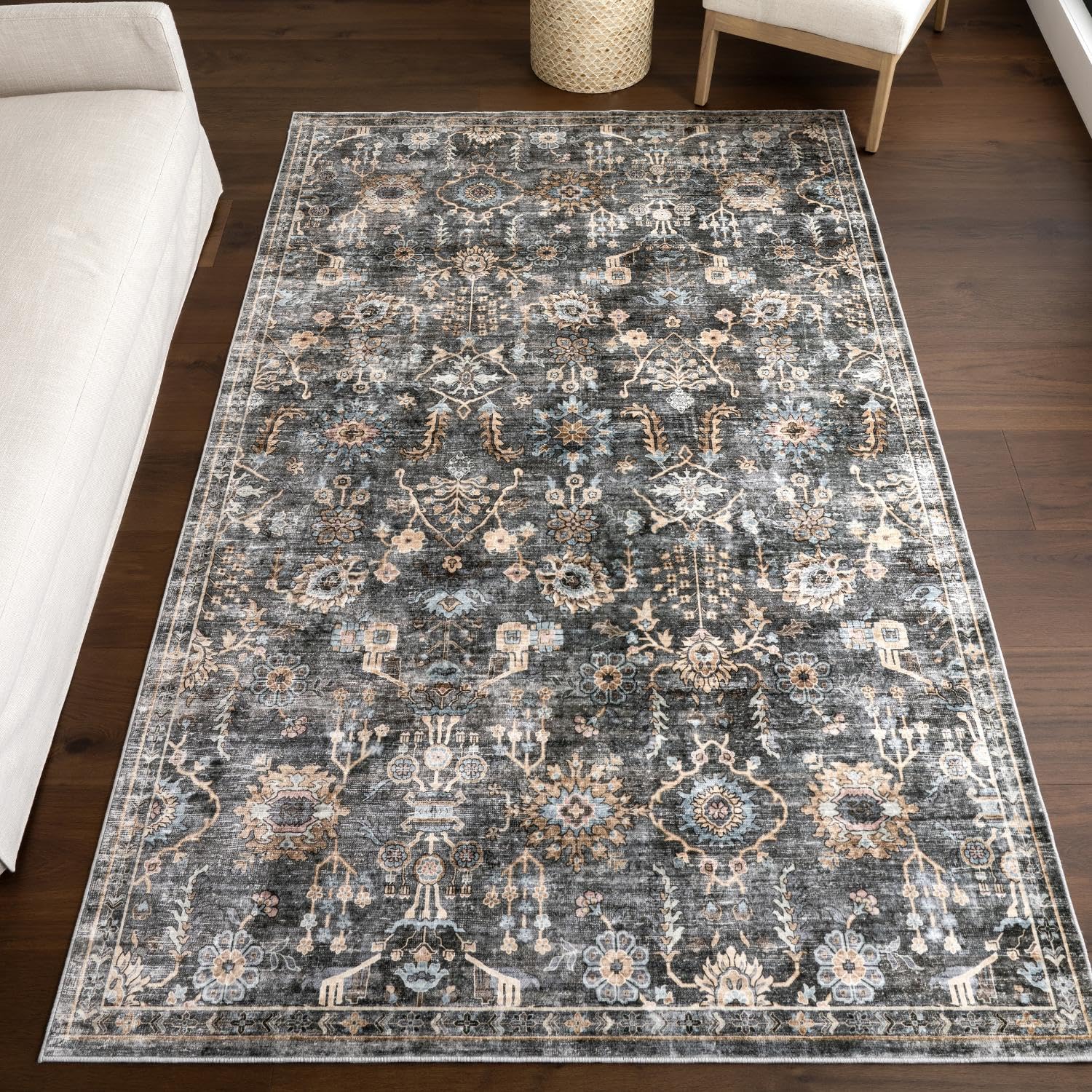 Tapis lavable nuLOOM Benica résistant aux taches de cuisine motif médaillon gris 1,5x2,4m