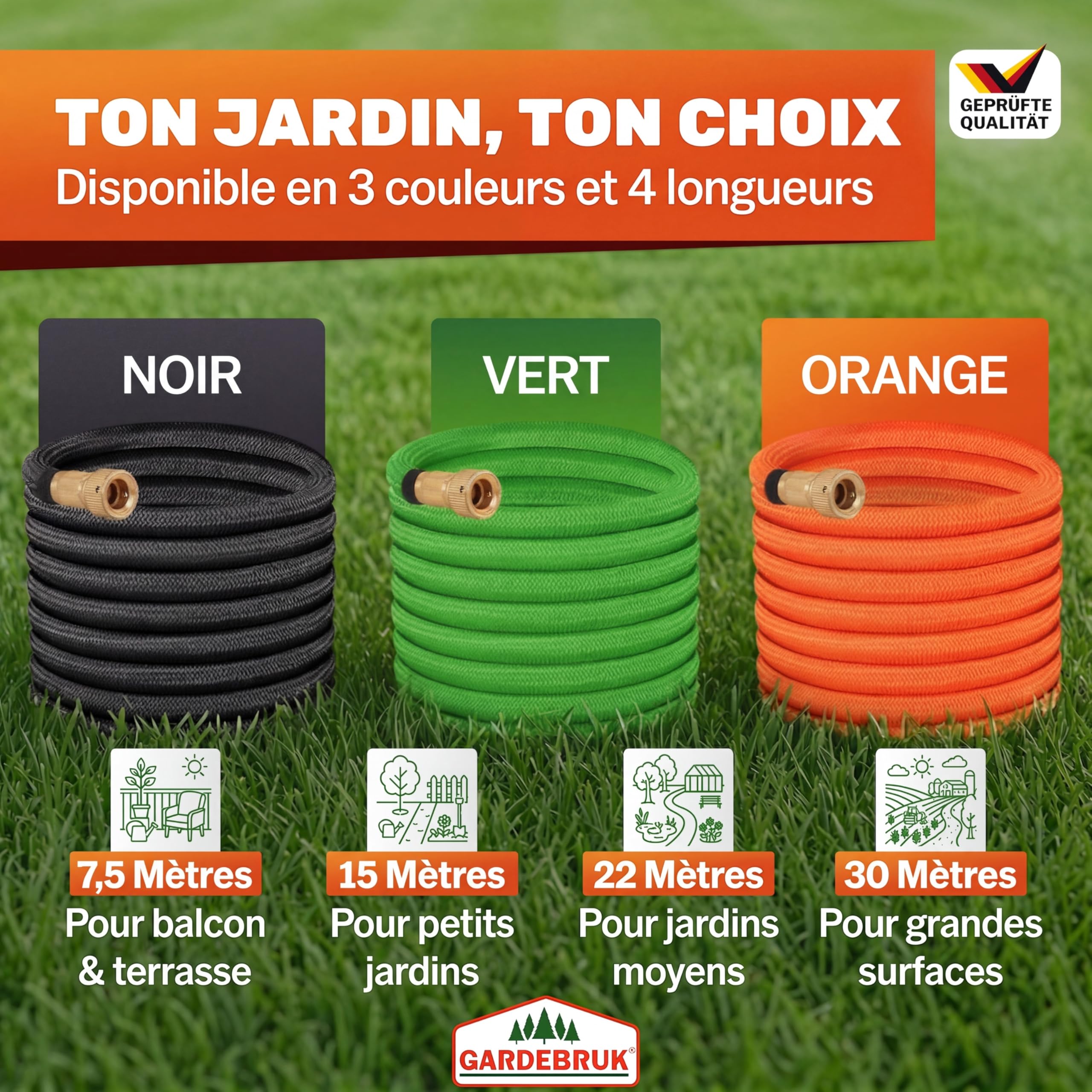 GARDEBRUK® Tuyau d’Arrosage Extensible 30 m Noir– Pistolet Multijets 8 Modes, Raccords Laiton Anti-Fuite, Flexible Latex Triple Épaisseur, Résistant 12 Bars, Enrouleur Léger pour Jardin & Terrasse