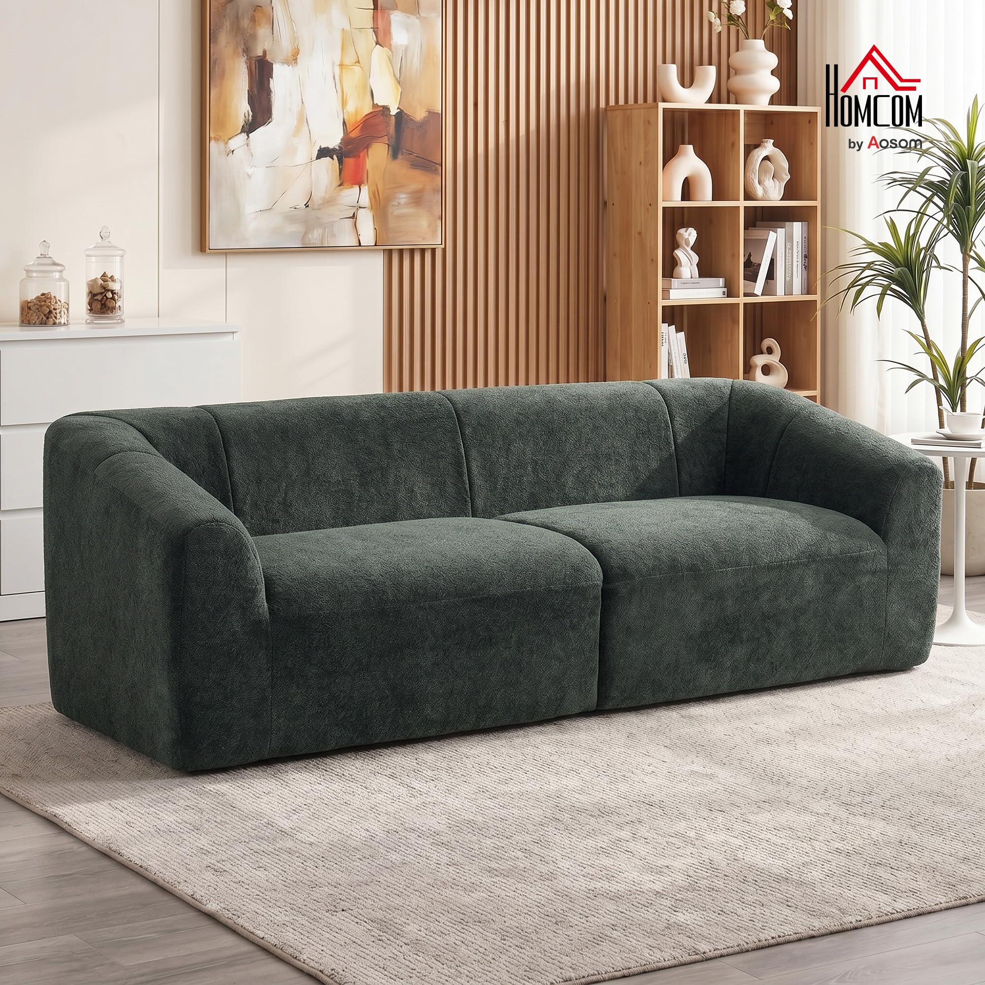 HOMCOM Divano 3 Posti Senza Struttura Seduta Ampia 225x93x68 cm Verde | Imbottitura Spessa, Divano Compresso Moderno in Ciniglia, per Salotto e Soggiorno, Verde Scuro